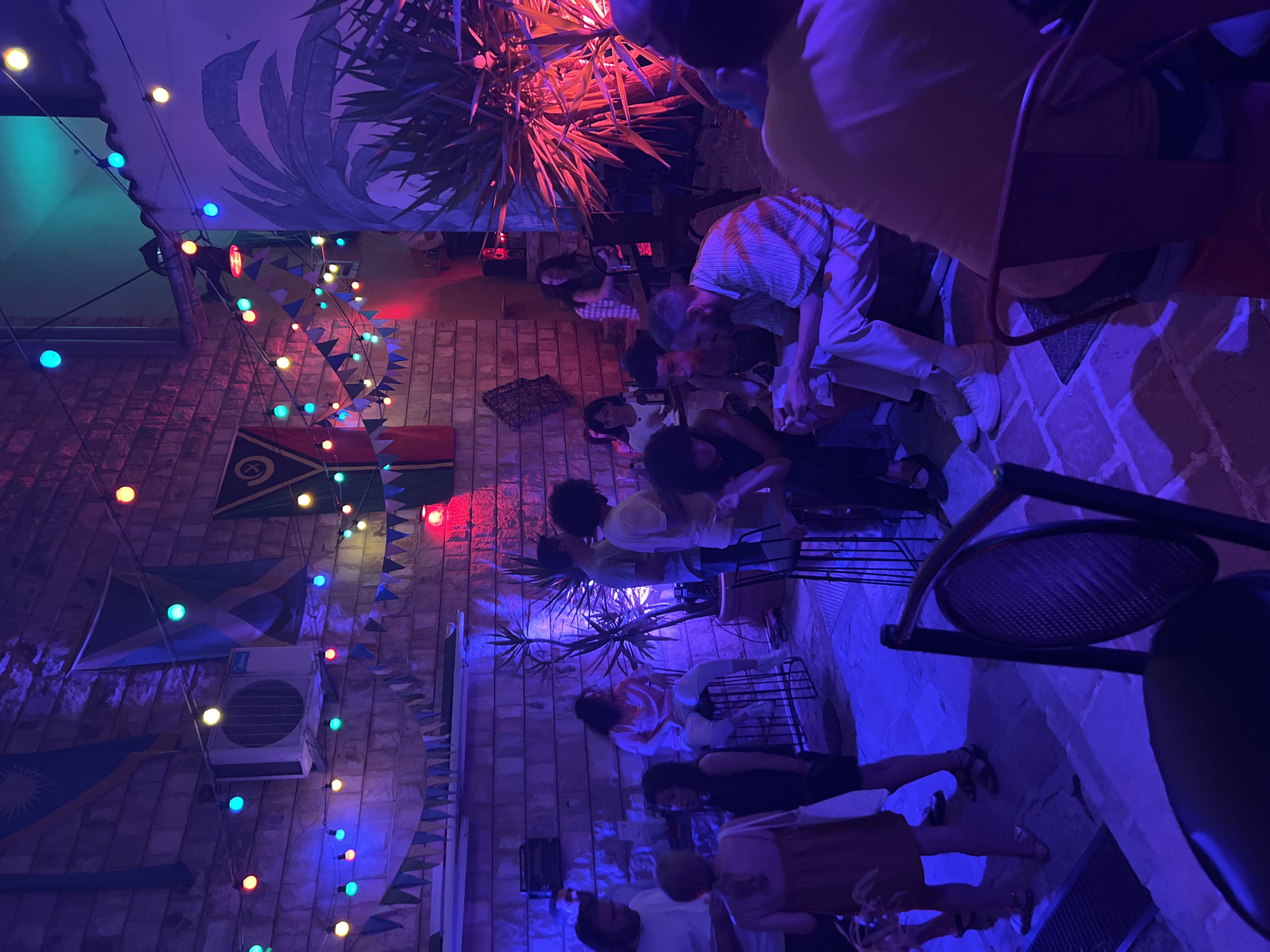 The image depicts an outdoor courtyard at night, illuminated by colorful string lights and uplighting, creating a festive atmosphere. The location is identified as Herceg Novi, Montenegro. In the foreground, a black chair with a woven seat is prominently featured. In the middle ground, several people are gathered, some standing and others seated. One woman in a tan dress is standing near the left side of the frame, and a man in a striped shirt and beige pants is seated on the right. Behind them, there's a wall constructed of stone blocks, decorated with flags and bunting. A large plant with spiky leaves is lit by a vibrant red light on the right side of the image. In the background, more people are visible, and the scene suggests a social gathering or a small event. The overall impression is one of a lively, dimly lit outdoor space.