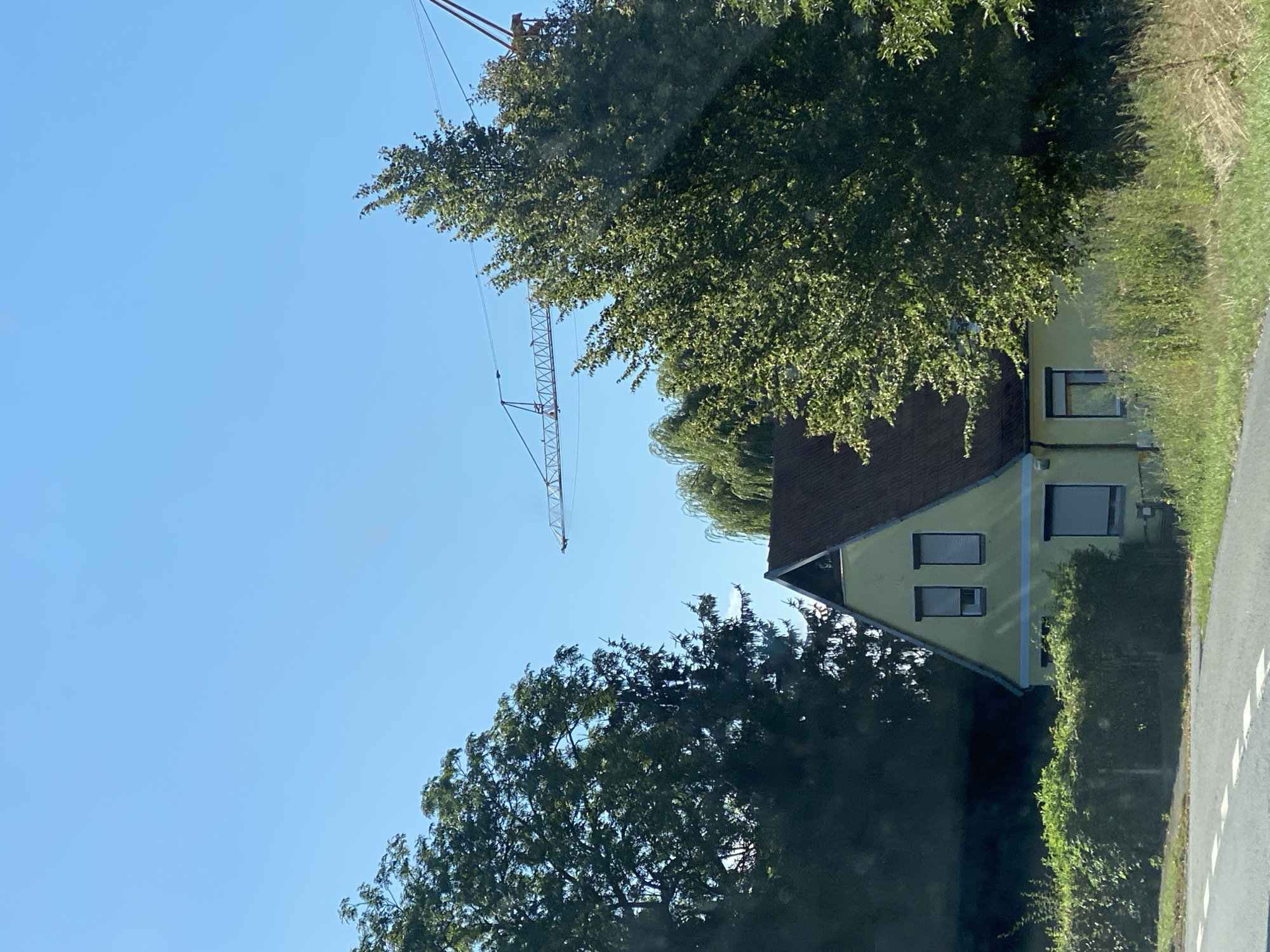 In Nordhausen, Germany, a pale yellow house with a dark red, gabled roof is partially obscured by lush green trees. Two windows are visible on the upper story, and one on the lower. A construction crane extends across the bright blue sky above the trees. The house is surrounded by dense green foliage, including a neatly trimmed hedge in front and tall grasses. A road with white dashed lines runs along the bottom of the frame, indicating a suburban or rural setting. The lighting suggests it is daytime.