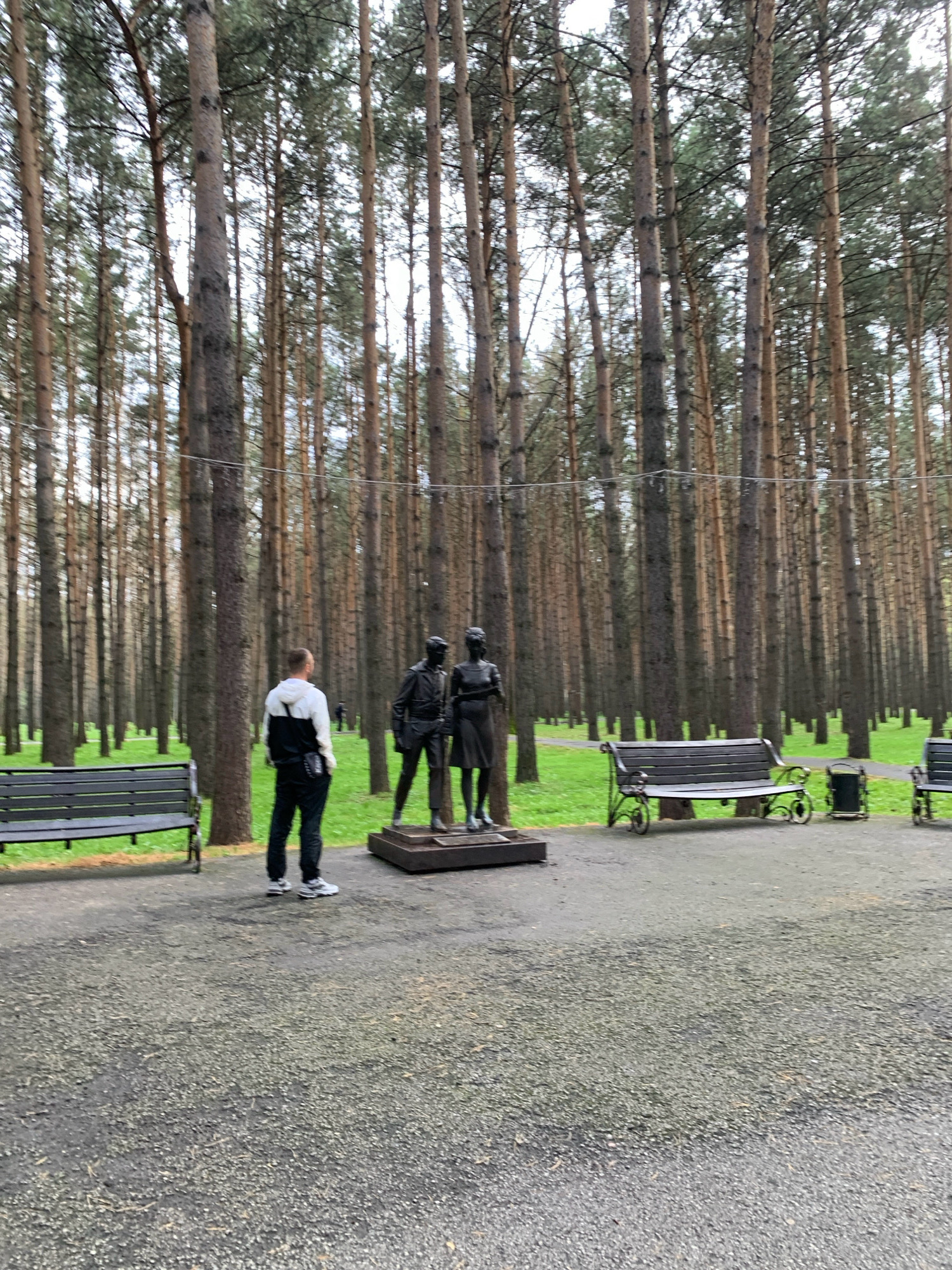 In the city of Prokopyevsk, Russia, a man stands in a park, facing away from the camera, looking at a bronze statue of two people. The statue is located on a pedestal in front of a dense forest of tall pine trees. The ground is a gravel path, with benches and a trash can scattered around. The lighting suggests it is daytime, but the sky is overcast. The man is wearing a black and white jacket, black pants, and white sneakers. He has a fanny pack around his waist. The statue depicts a man and a woman, both dressed in formal attire. The park appears to be a public space, designed for recreation and contemplation.