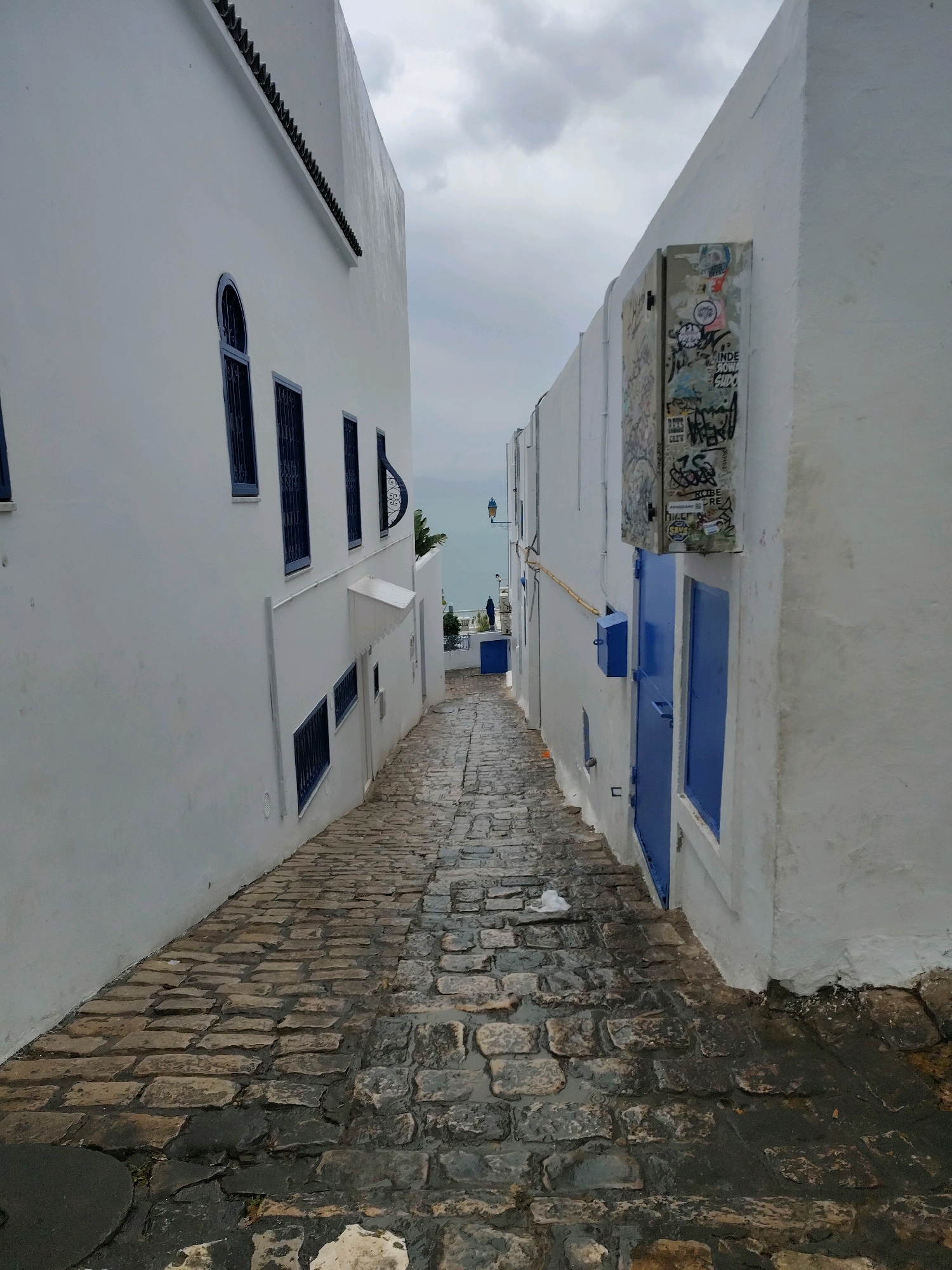 The image depicts a narrow, cobblestone street winding uphill between two whitewashed buildings. The architecture is characteristic of Sidi Bou Said, a picturesque village located in the Tunis Governorate, Tunisia, known for its blue and white houses. The building on the left features several rectangular windows with blue shutters and a distinctive arched window with a decorative wrought-iron grille. The building on the right has a prominent blue door and a utility box covered in graffiti mounted on its exterior wall. The cobblestone street appears wet, suggesting recent rain, with puddles reflecting the overcast sky. In the distance, the sea is visible, along with a lamppost and the roof of another building. The scene is devoid of people, presenting a tranquil, almost deserted streetscape. The overall impression is one of Mediterranean charm, with the stark white walls contrasting with the deep blue accents and the rustic texture of the cobblestones.