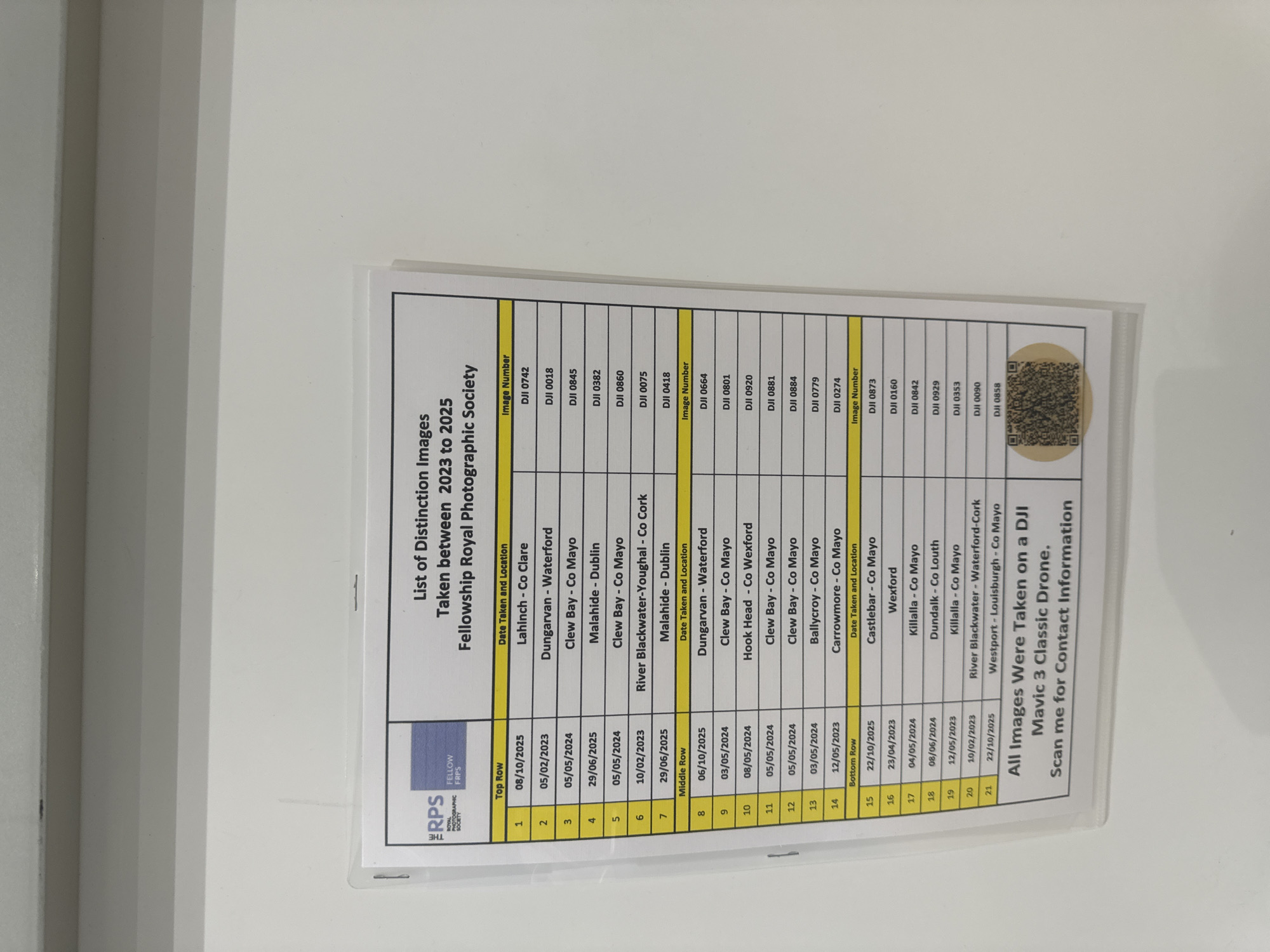 The image is a close-up shot of a laminated document titled "List of Distinction Images Taken between 2023 to 2025 Fellowship Royal Photographic Society". The document contains a table with three columns: "Top Row", "Date Taken and Location", and "Image Number". The table lists 21 image entries with dates, locations in Ireland, and corresponding image numbers. The bottom section of the document states "All Images Were Taken on a DJI Mavic 3 Classic Drone. Scan me for Contact Information" and includes a QR code. The RPS logo is visible in the top left corner. The image itself is a photograph of this document, which is placed on a white surface. There are no people, actions, or interactions depicted in the image. The document does not contain any information related to the city of Kilkenny, Ireland.
