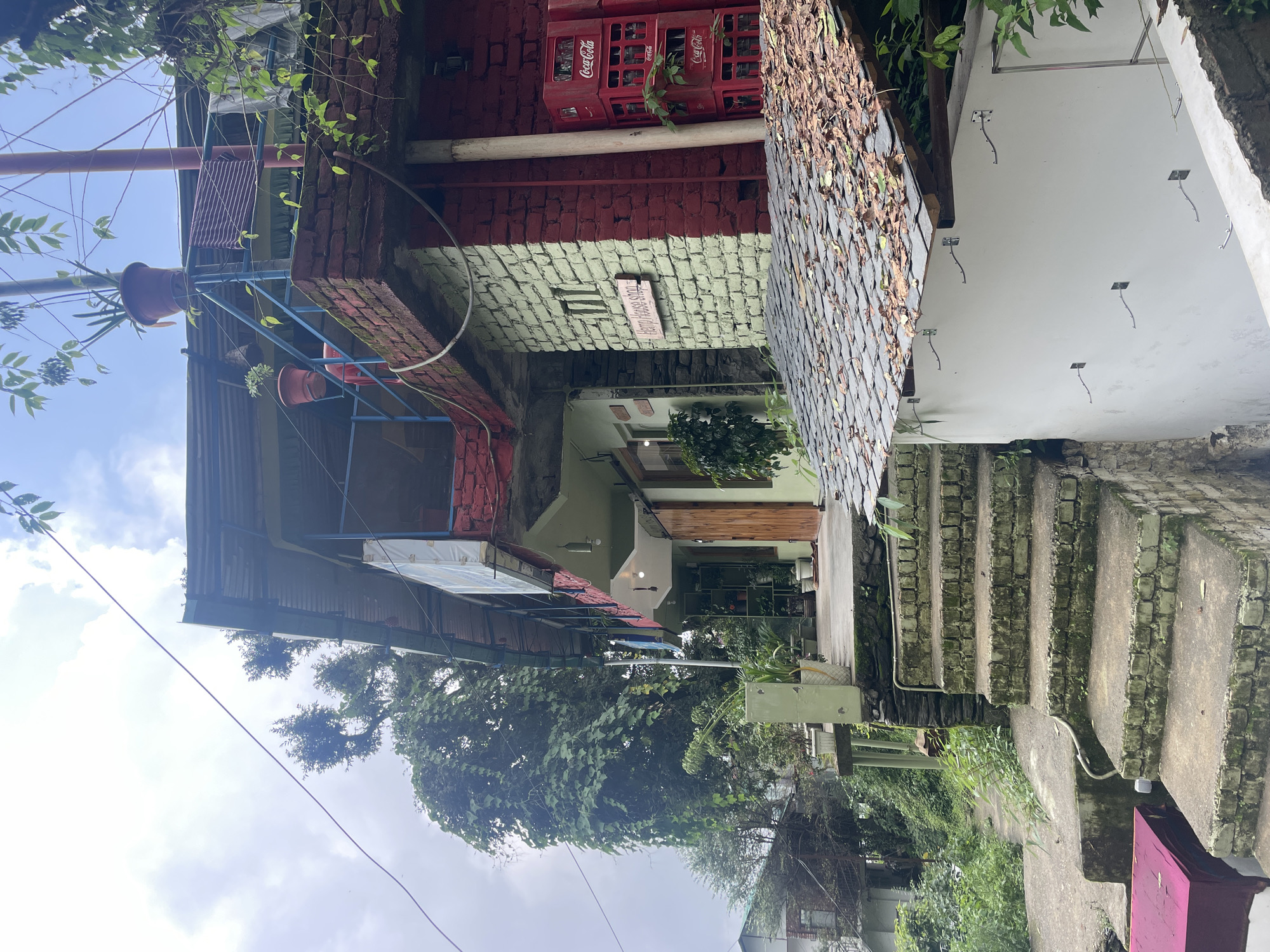 The image shows a multi-level building with an outdoor staircase leading up to it. The building appears to be made of brick and painted in various colors, including red and light green. There are plants and greenery surrounding the building, and a tiled roof is visible. A Coca-Cola sign is mounted on the red brick section of the building, and a sign that reads "Hemp House Shop" is visible on the light green section. There are also several Coca-Cola crates stacked up. The scene is situated on a hillside, with a cloudy sky overhead. The overall impression is of a rustic and somewhat cluttered establishment in a hilly, possibly rural, or semi-urban setting. The location is identified as Bhagsu, India.