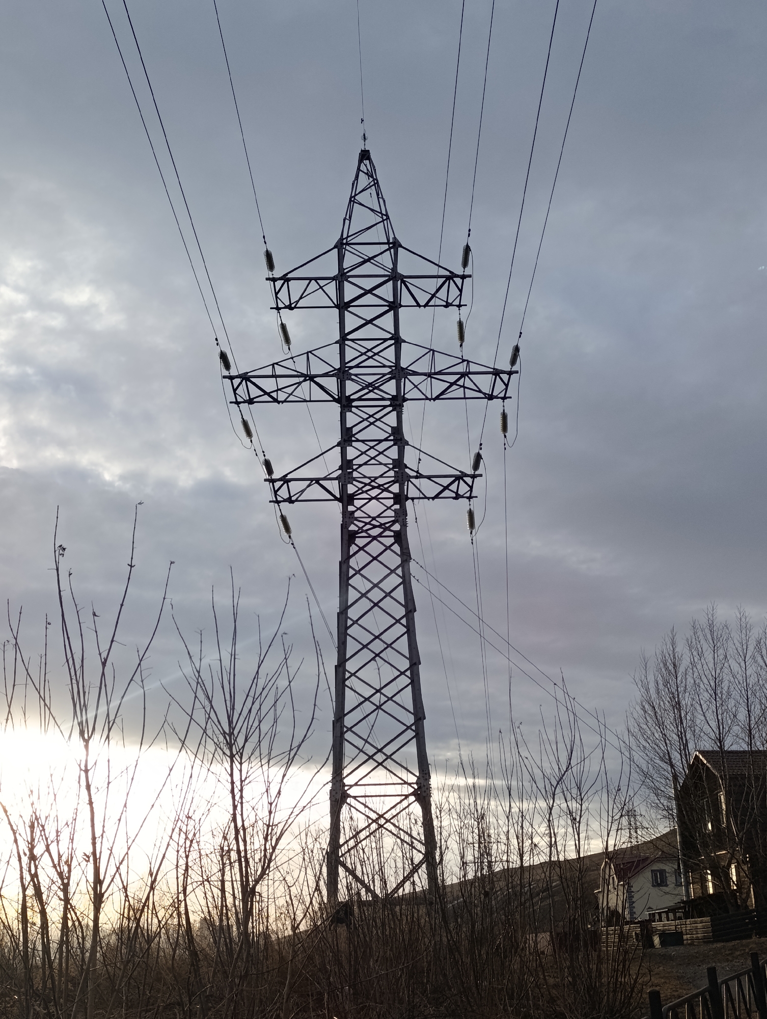 The image displays a large, metallic lattice-type electricity pylon positioned centrally, silhouetted against an overcast sky. The sky features a mix of grey clouds and brighter, diffused light concentrated in the lower-left quadrant, consistent with a low sun angle at either sunrise or sunset. Multiple high-voltage transmission lines extend from the pylon, supported by amber-tinted ceramic insulators. The foreground is densely occupied by a thicket of leafless, slender deciduous tree branches and shrubs. In the middle ground on the right, two residential structures are partially visible: a darker, two-story house with a prominent roof and visible windows, and a smaller, lighter-colored building with a red roof positioned behind it. A natural slope or hillside rises behind the structures and vegetation on the right. No individuals, animals, or vehicles are present in the scene, which depicts a quiet, potentially transitional season (late fall, winter, or early spring). The scene is situated in Krasnoyarsk, Russia, specifically within a peripheral or suburban district characterized by the presence of high-voltage transmission infrastructure, individual residential homes, and undulating terrain including visible hillsides.