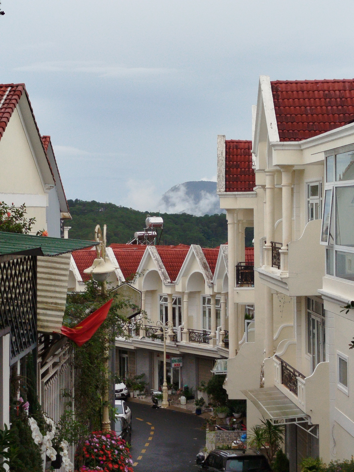 The image depicts a street scene in Da Lat, Vietnam. The architecture is characterized by European-style villas with red tile roofs and light-colored facades. A road curves through the scene, lined with buildings. The Vietnamese flag is prominently displayed. In the background, a mountain is partially obscured by clouds. Cars are parked along the street. The weather appears overcast. Vegetation, including flowers and vines, is visible.