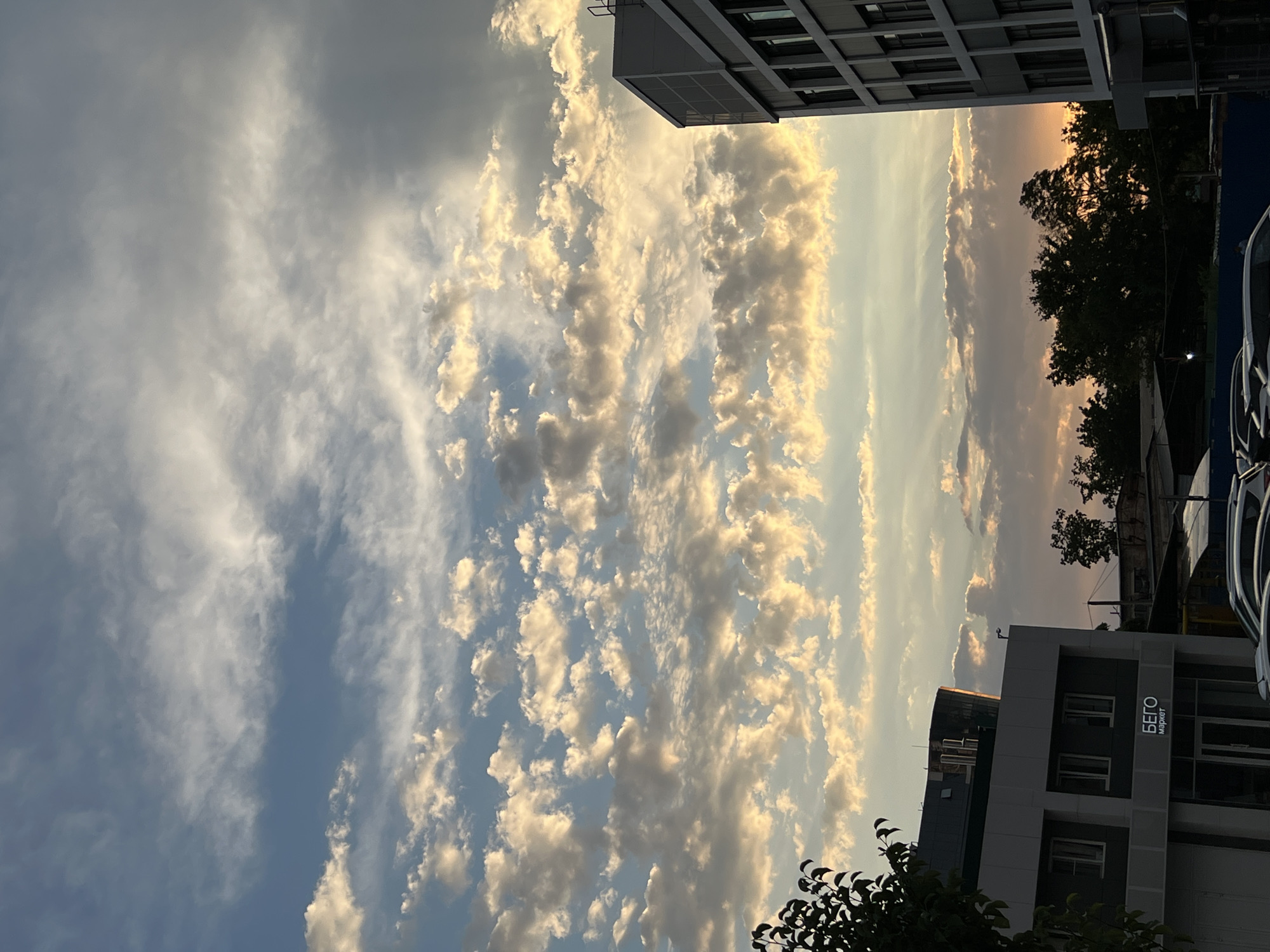 This is a vertically oriented photograph taken at eye level, looking upwards towards a sky filled with dramatic clouds. The clouds are illuminated by a warm, golden light, suggesting either sunrise or sunset. Some clouds are bright white, while others are tinged with orange and grey, creating a textured and dynamic sky.
In the foreground and middle ground, parts of modern buildings are visible. These buildings have a contemporary architectural style with large windows and grey facades. One building prominently displays text in Russian: "БЕГО" and below it, "маркет", indicating it is likely a store or market called "BEGO Market".
The scene appears to be urban, with hints of trees silhouetted against the bright sky in the background. The overall mood is serene and contemplative, capturing the beauty of the sky at a transitional time of day. The lighting suggests the weather is fair, with the clouds adding visual interest to the sky. The location is identified as Krasnodar, Russia.
