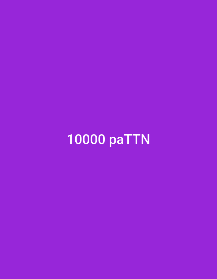 The image is a solid purple background with white text in the center. The text reads "10000 paTTN". There are no people, objects, or any discernible scene or setting. The activity or event taking place is not evident, as it is a static image with only text. There are no notable details regarding time of day, weather, or location cues. The emotion conveyed is neutral. The visible text is "10000 paTTN". The provided location context is Verkhniachka, Ukraine, but this is not visually represented in the image.