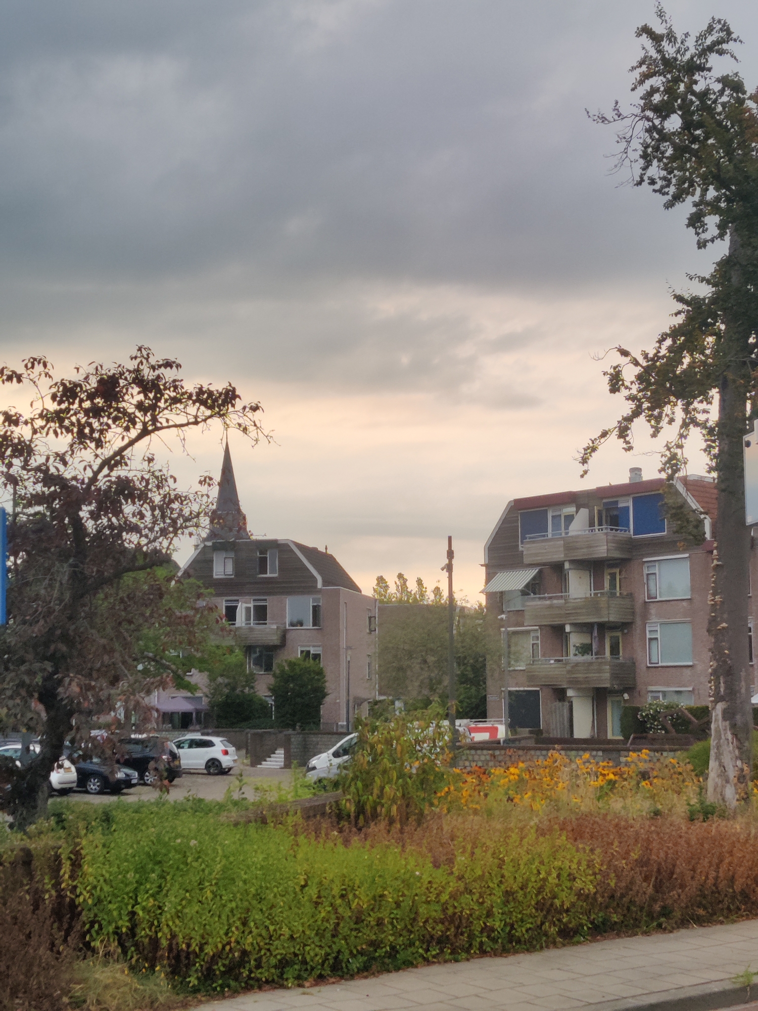 This image captures a street scene in Winterswijk, Netherlands, likely during overcast weather. In the foreground, a sidewalk is visible, leading to a lush area with various plants and flowers in shades of green, brown, and yellow. Beyond this, a parking lot contains several parked cars, including a white SUV, a dark sedan, and a white hatchback. Further back, a building with a pointed steeple rises above other structures, suggesting a church or a similar establishment. To the right, a multi-story brick apartment building with balconies and windows is prominent, with a large tree in front of it. The sky is dominated by heavy, gray clouds, with a hint of lighter sky peeking through on the horizon. The overall impression is of a typical urban or suburban residential area.