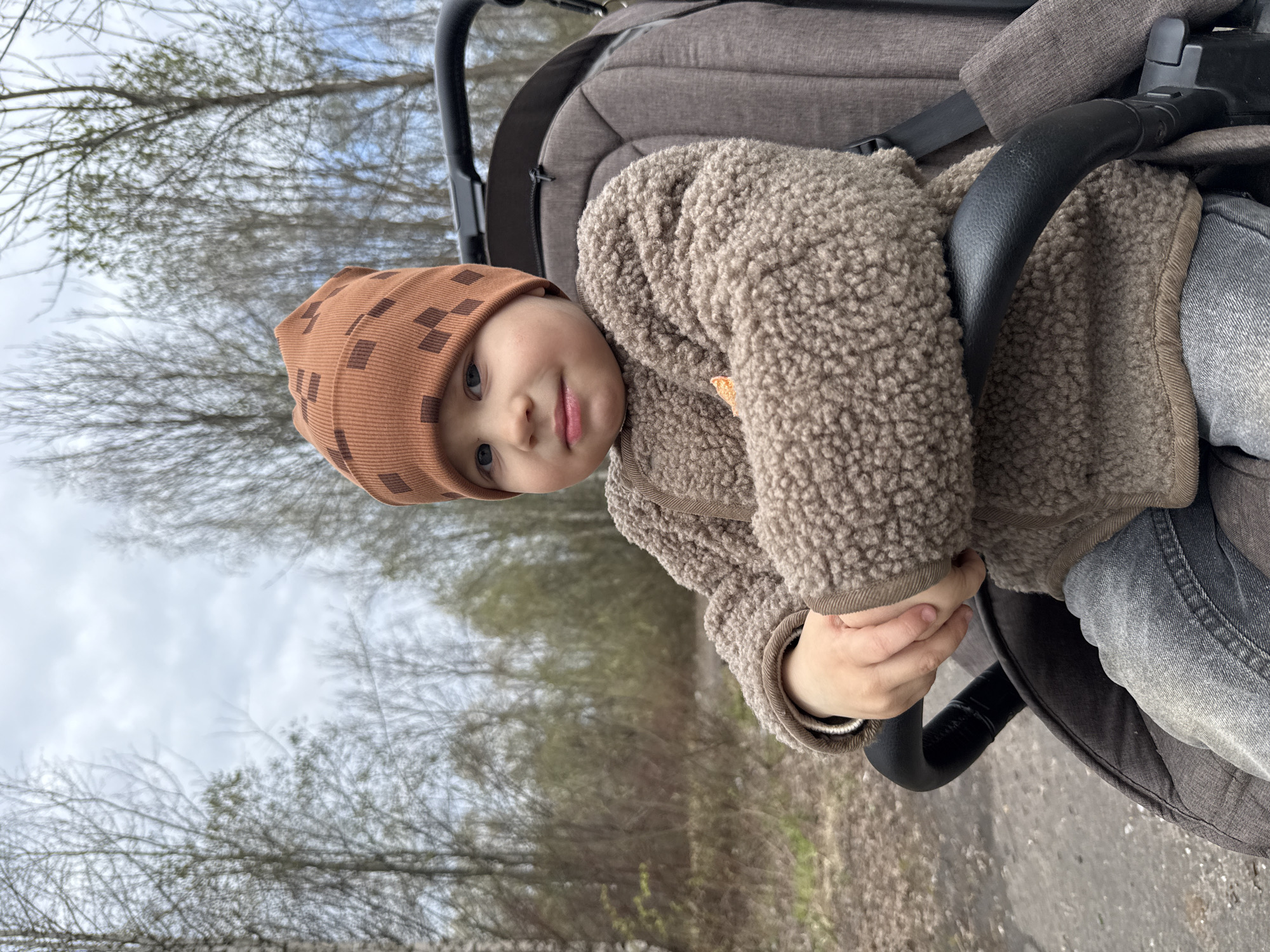 A young child sits in a stroller outdoors. The child wears a brown hat with a geometric pattern and a fleece jacket. The stroller appears to be on a path, surrounded by trees without leaves. The location is Rusanovo, Russia.