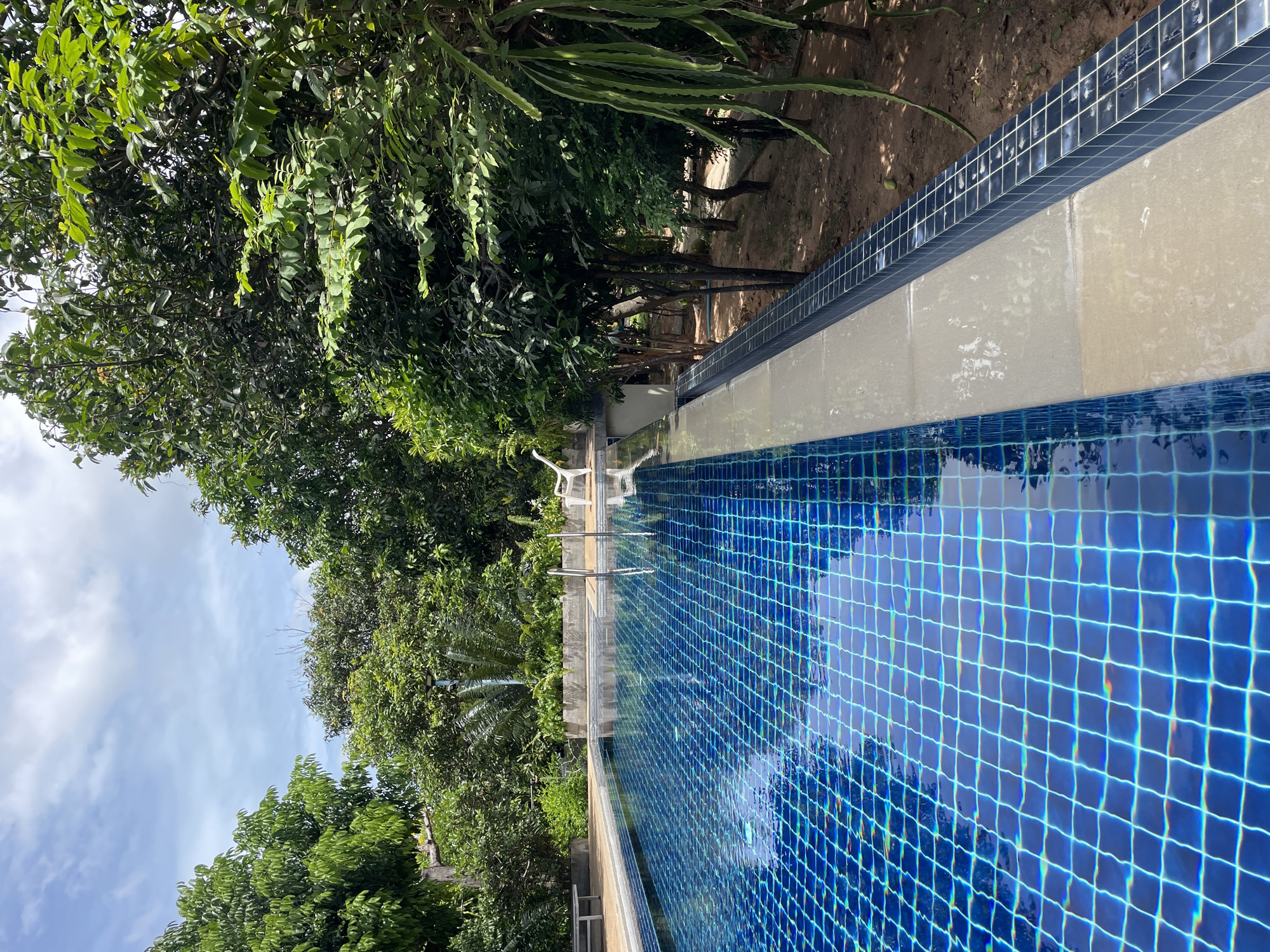 A swimming pool with blue tiled bottom and a white tiled edge is in the foreground. The pool is surrounded by lush green trees and vegetation. In the background, there is a clear blue sky with scattered white clouds. A white plastic chair is placed on the edge of the pool. The scene appears to be an outdoor setting in a tropical or subtropical climate. There are no people visible in the image. The swimming pool is clean and well-maintained.