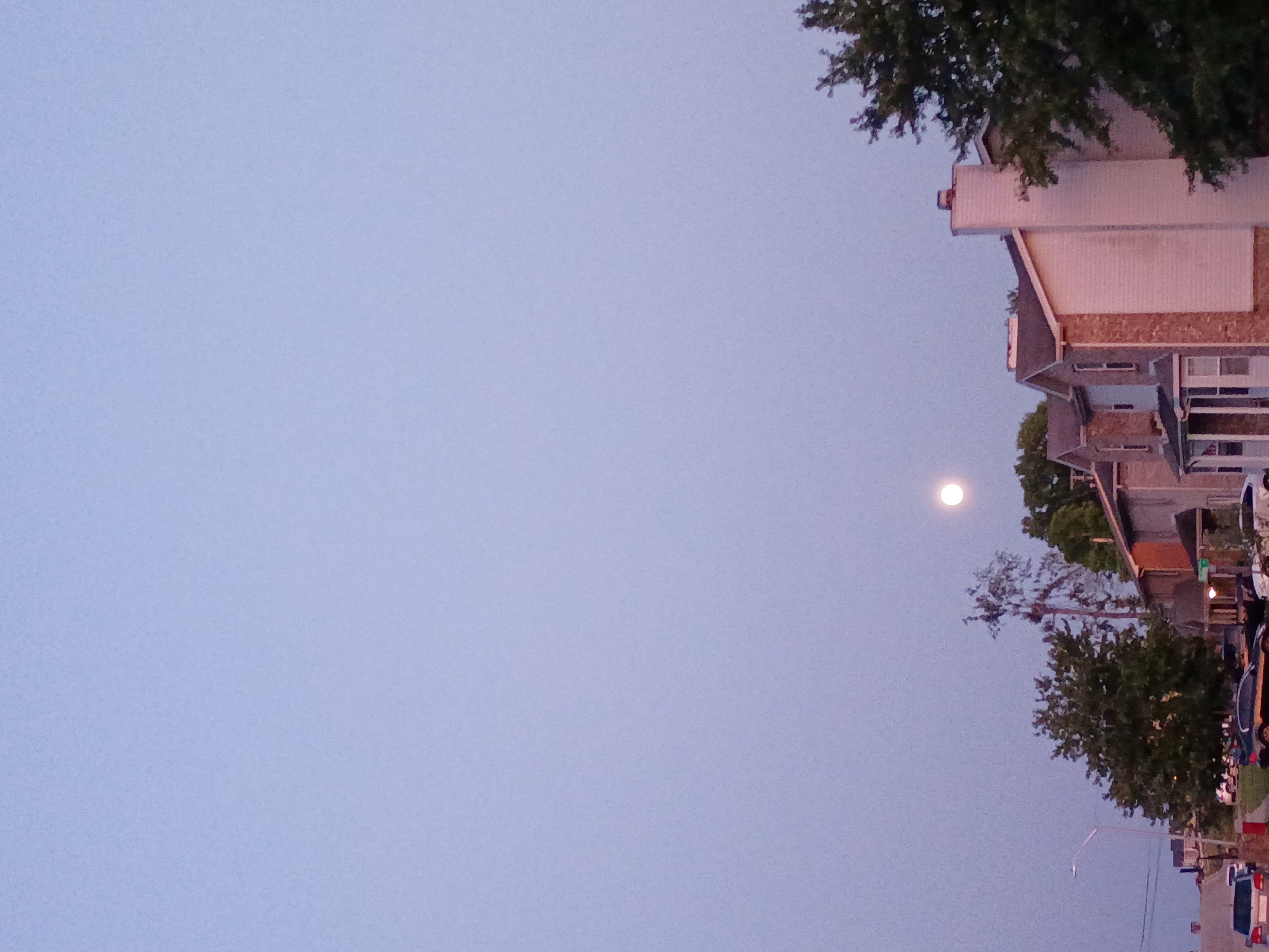 The image captures a residential street scene at dusk in Nicholasville, Kentucky, USA. The sky is a pale, clear blue, transitioning to a lighter shade near the horizon. A bright, full moon is visible in the upper right quadrant of the sky. The foreground features a row of houses with brick and siding exteriors. Some houses have visible windows, porches, and chimneys. The houses appear to be multi-story dwellings. Trees, some with dense foliage and others bare, are interspersed among the houses and along the street. A streetlamp is visible on the left side of the image. Several cars are parked on the street and in driveways, including a dark-colored sedan with a visible spoiler and a silver SUV. The overall scene suggests a quiet evening in a suburban neighborhood.
