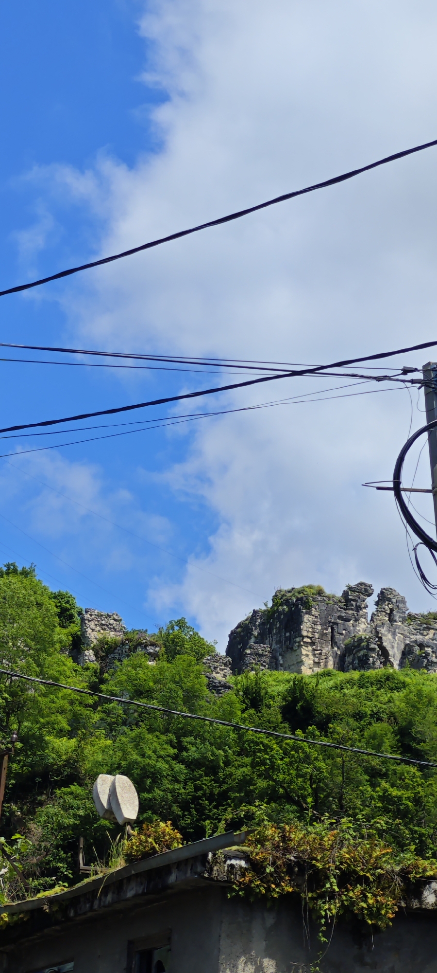 The image depicts a vibrant daytime scene in a mountainous region of Bzypta, Abkhazia, characterized by a mix of natural landscapes and man-made elements. The sky, occupying the upper half of the frame, is a clear, bright blue with scattered, fluffy white cumulus clouds.
Several dark utility wires crisscross the upper and middle portions of the image, extending from a dark utility pole visible on the far right. Below the horizon line, the landscape features steep, rocky hills and mountains densely covered in lush, varied green foliage. Exposed sections of the terrain reveal craggy, grey stone formations and rock faces.
In the foreground, the top of a building or structure is partially visible. Its roof appears to be flat or slightly sloped, with a visible gutter and an abundance of green and yellowish-brown vegetation growing wild on and around it. Two distinctive white, circular, dish-like objects, possibly old satellite dishes or large vents, are mounted on the roof, partially integrated with the plant growth. The wall of the building visible below the roof is a muted grey.
The scene is static, showing no human activity. The bright lighting and clear sky suggest it is daytime, likely morning or early afternoon, with fair weather conditions. There is no visible text in the image.