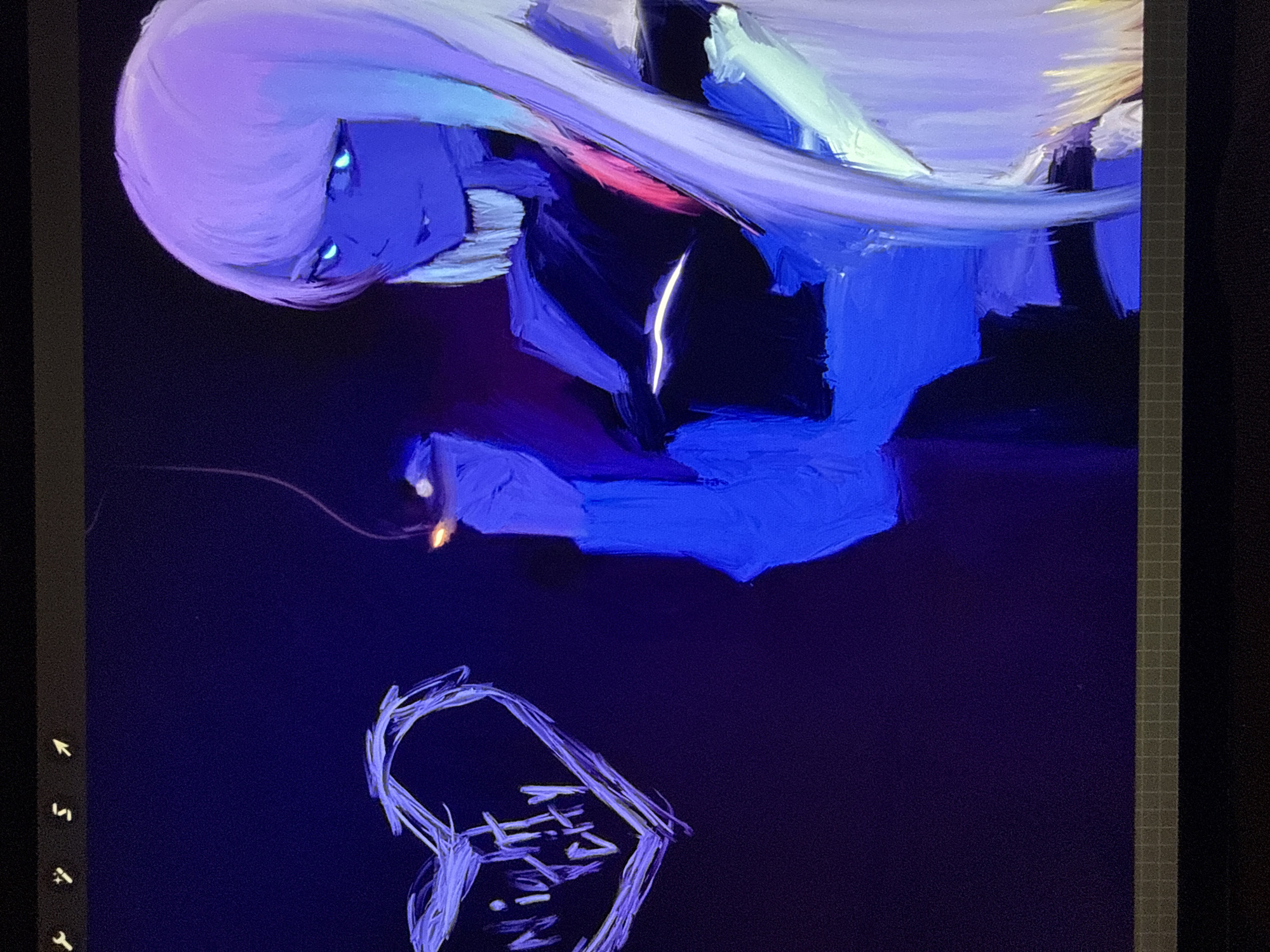 The image shows a digital painting of a stylized female figure with long, light-colored hair, glowing blue eyes, and blue skin. She is holding a lit cigarette. To the left of the figure, a crudely drawn heart outlines the words "Night City" in white chalk or a similar medium. The background is a dark, deep blue, suggesting a nighttime urban setting. The overall aesthetic is futuristic and somewhat moody, with strong blue and purple lighting. The setting is an abstract representation of "Night City," an unknown location.