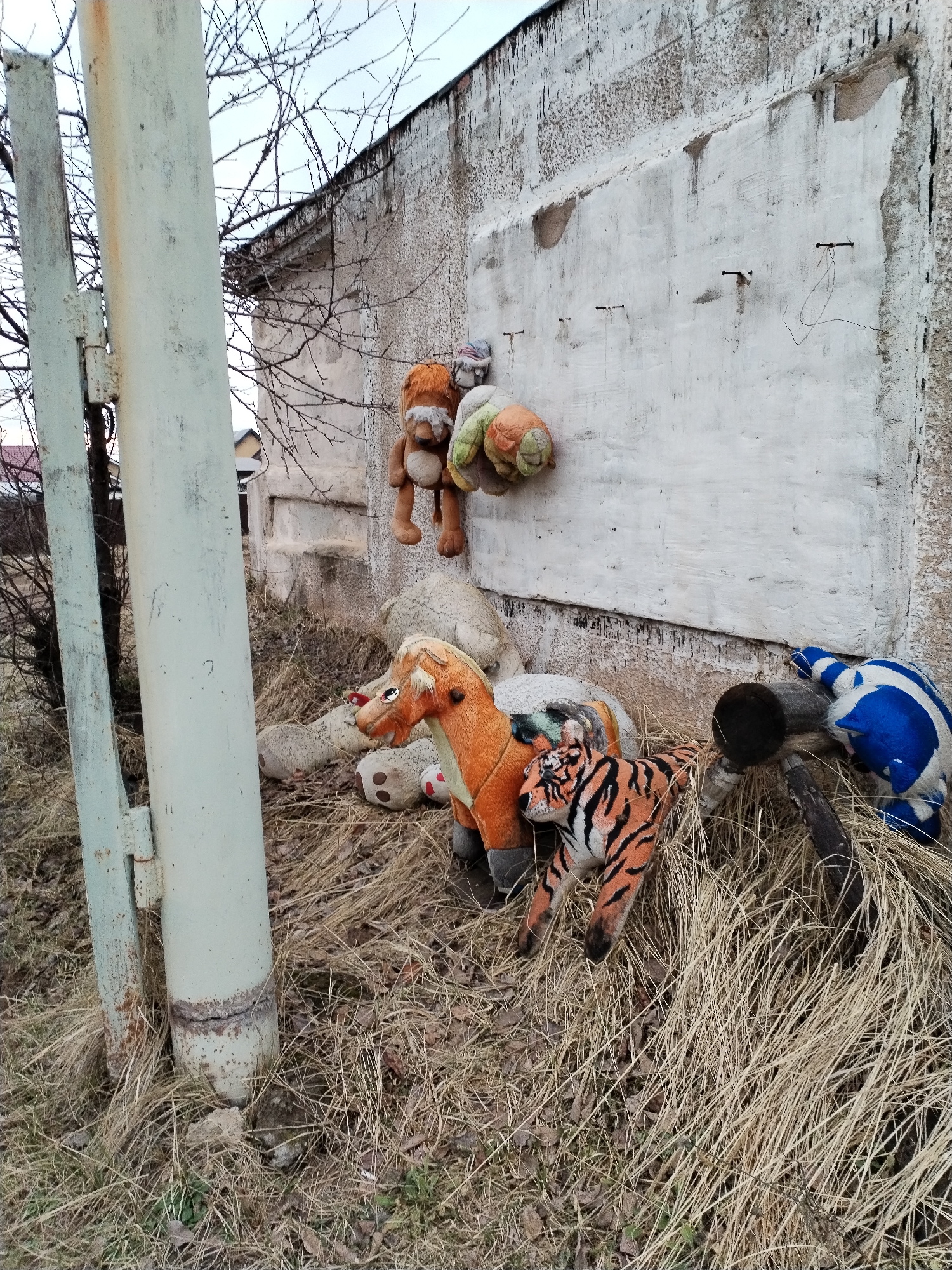 The image shows a collection of stuffed animals scattered on the ground and attached to a concrete wall. The location appears to be an outdoor area, possibly near a building or fence. The stuffed animals include a lion, a horse, a tiger, a bear, and a blue and white object. Some of the stuffed animals are hanging on the wall with exposed metal rods. The ground is covered with dry grass and debris. A metal post with peeling paint is visible on the left side of the image.