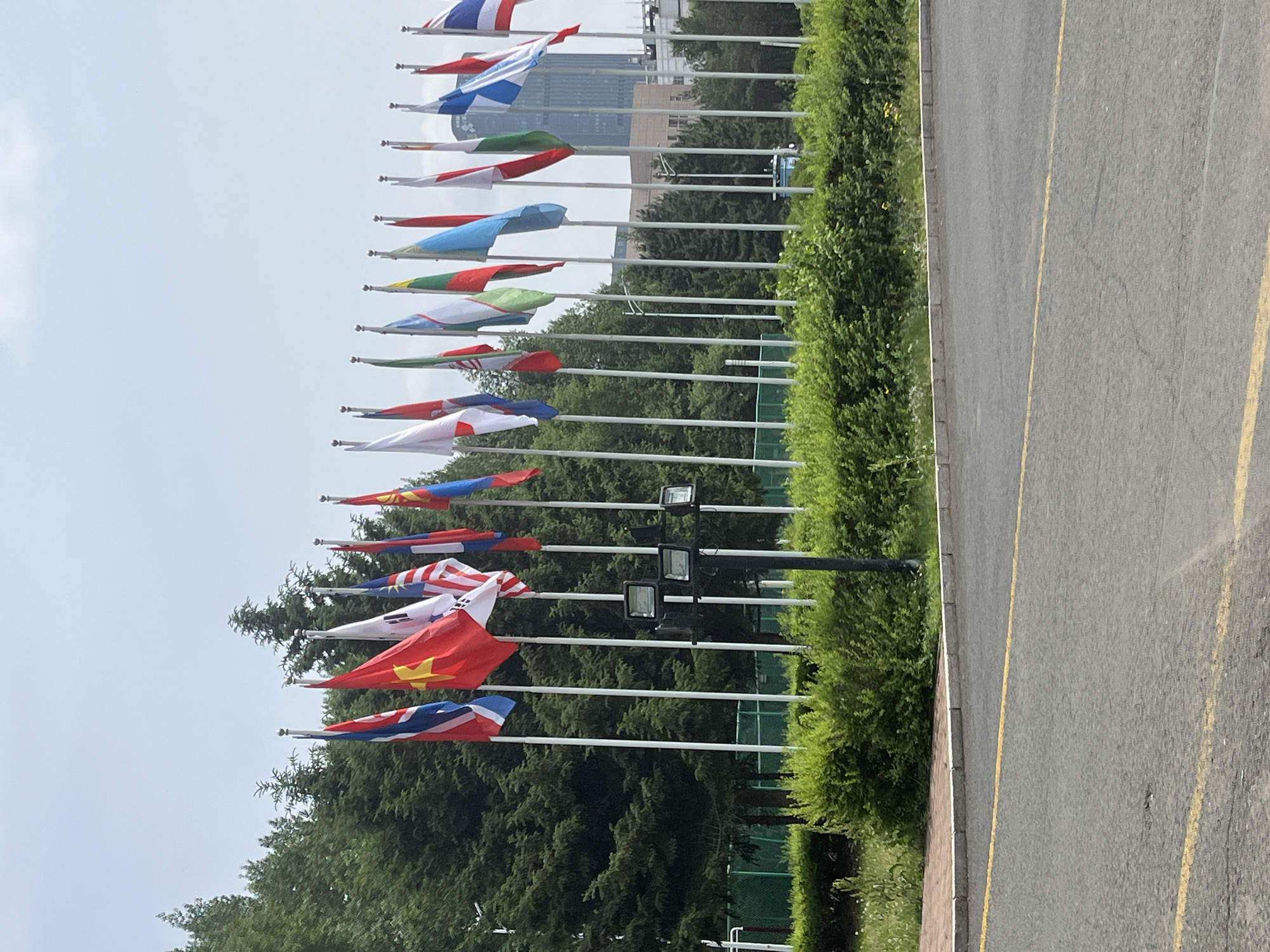 The image shows a row of flagpoles with various national flags, likely representing different countries. The flags are arranged along a road with a yellow line dividing the lanes. Adjacent to the road is a trimmed hedge and a dense area of trees. In the background, a tall building is visible through the gaps between the flags and trees. Based on the flag arrangement and overall setting, it is likely taken in Changchun City, China, possibly near a government building or international institution. There are no people visible in the image.