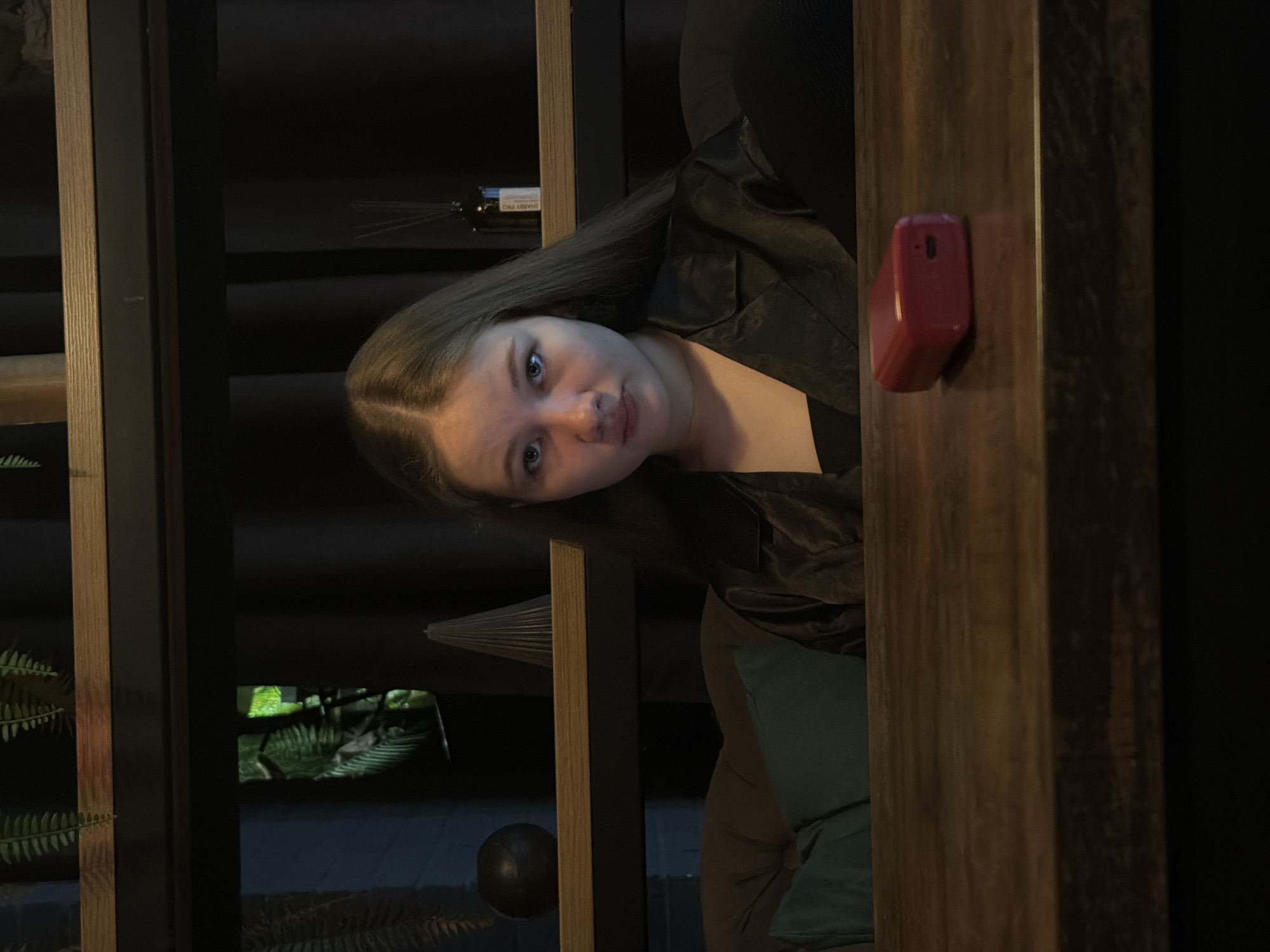 A woman with light brown hair and blue eyes is looking directly at the camera. She is positioned within a wooden structure, possibly shelving or a room divider. Her attire consists of a dark top, which appears to be made of a satin material. To her right, attached to the wooden structure, is a red rectangular object.
In the background, through openings in the wooden structure, glimpses of a room with plants and other furniture can be seen. A bottle is visible on one of the shelves.
The location is Chaikovsky, Russia.