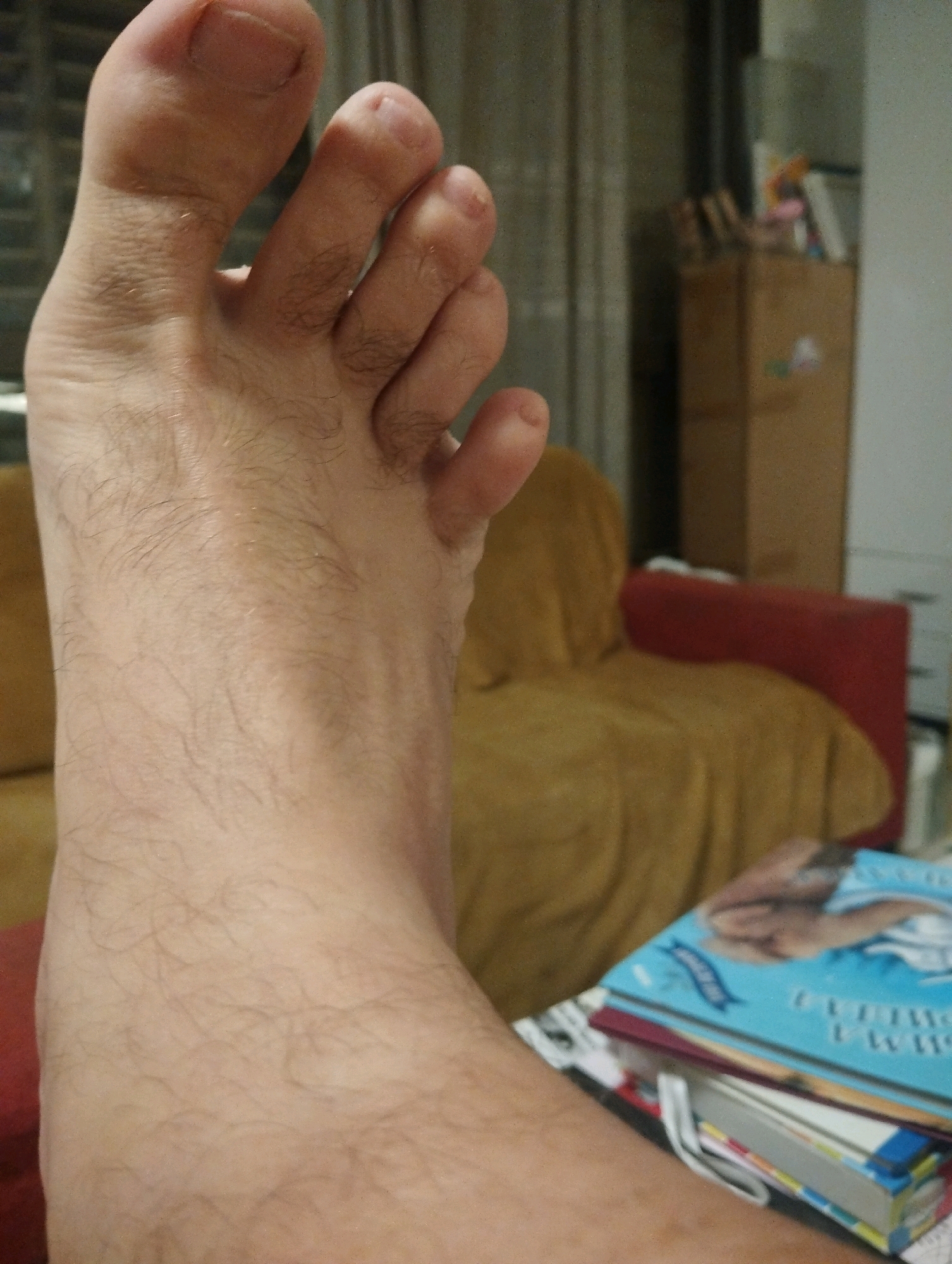A close-up shot focuses on a person's bare foot, with the toes and the top of the foot visible. The skin is light-skinned with noticeable hair growth on the foot and toes. The toenails appear unpolished. The foot is positioned in the foreground, taking up a significant portion of the image.
In the background, out of focus, is an indoor domestic setting. A yellow upholstered piece of furniture, possibly a couch or chair, is visible. To the right, a tall, light brown wooden cabinet or shelf unit is partially seen, with some items on top, including what appears to be books and possibly a decorative item. A red cushion or pillow is also visible in the middle ground. A stack of books is placed in the lower right corner of the image, with a blue cover featuring an image of a person.
The lighting appears to be artificial, creating a slightly dim atmosphere. The image does not provide any specific contextual clues that would allow for pinpointing its location within Ashdod, Israel.