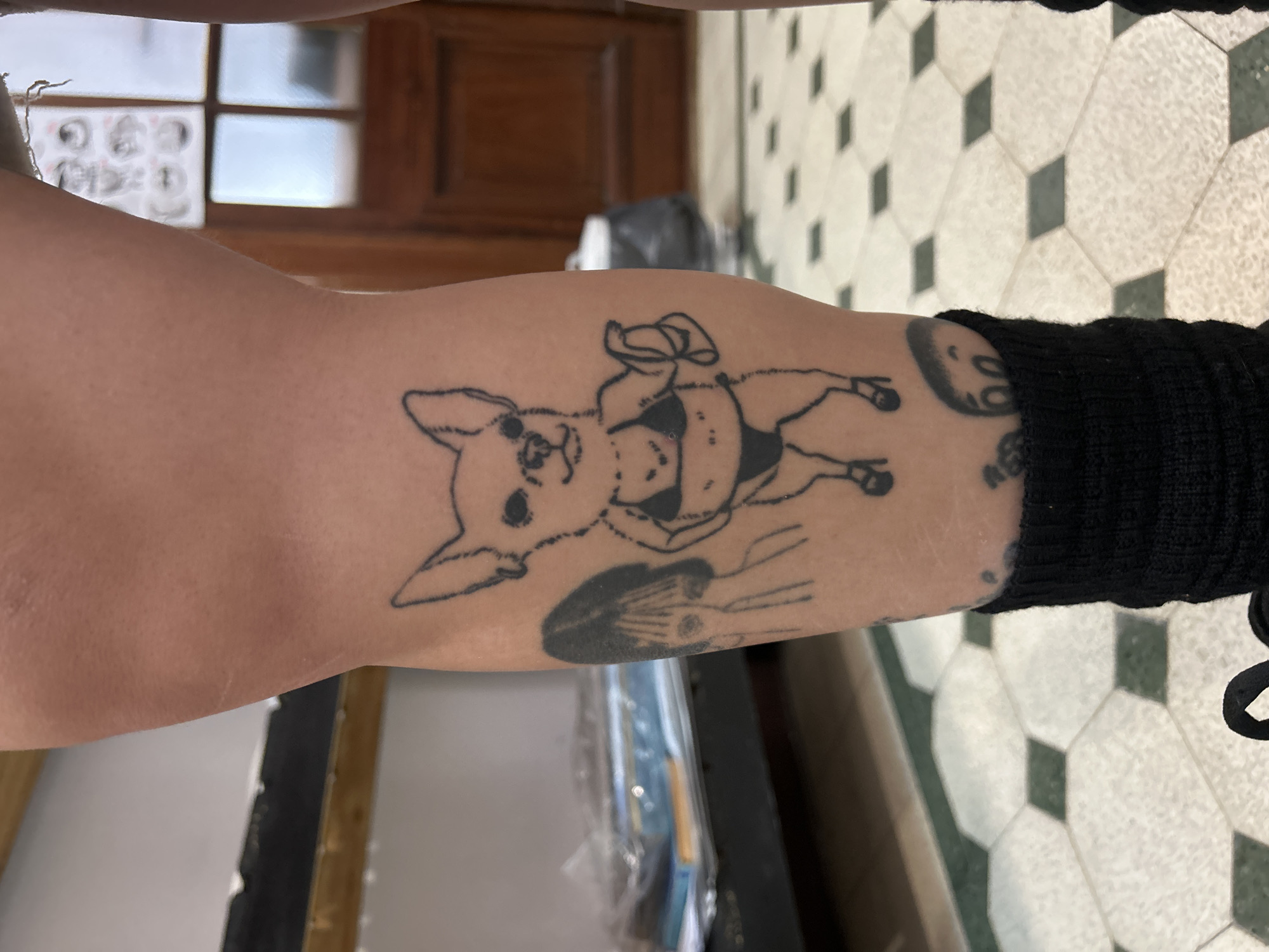 An arm with tattoos is visible. The tattooed images include a dog with a hat, what appears to be a hand reaching up, and some other obscured shapes. The arm is wearing a black knitted sleeve at the wrist. The background consists of a tiled floor, a partially visible door, and part of a window. No information in the image indicates the location is Buenos Aires, Argentina.