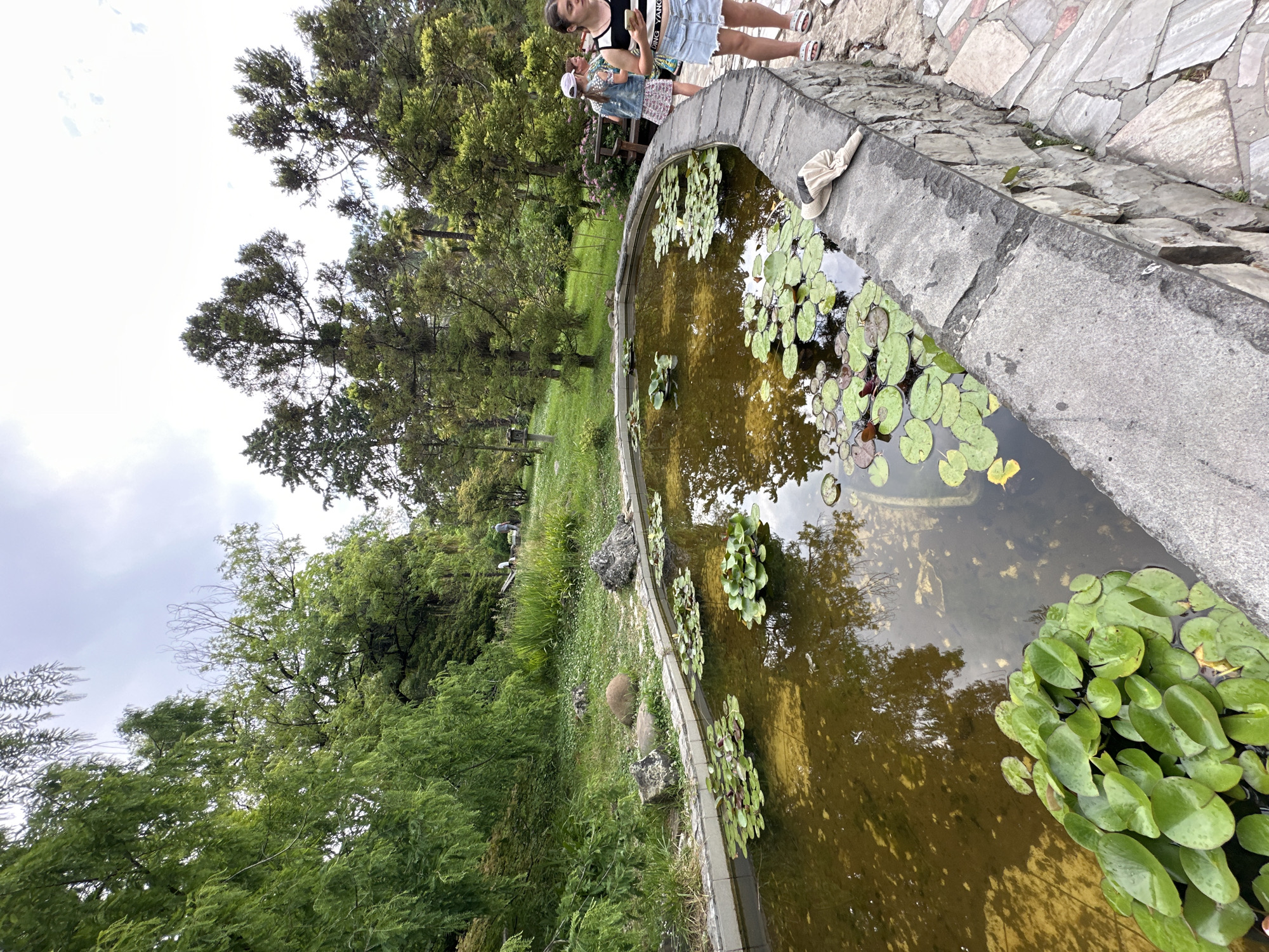In the city of Sochi, Russia, a circular pond filled with murky water and lily pads is bordered by a stone wall. The pond is situated in a lush, green environment with various trees and foliage surrounding it. Two young females are visible near the pond. One, wearing a denim vest, patterned dress, and a pink cap, stands near the pond's edge. The second, in a black and white striped tank top and a denim skirt, is further to the right, facing away from the pond and towards the viewer. A light-colored hat rests on the stone wall of the pond.
