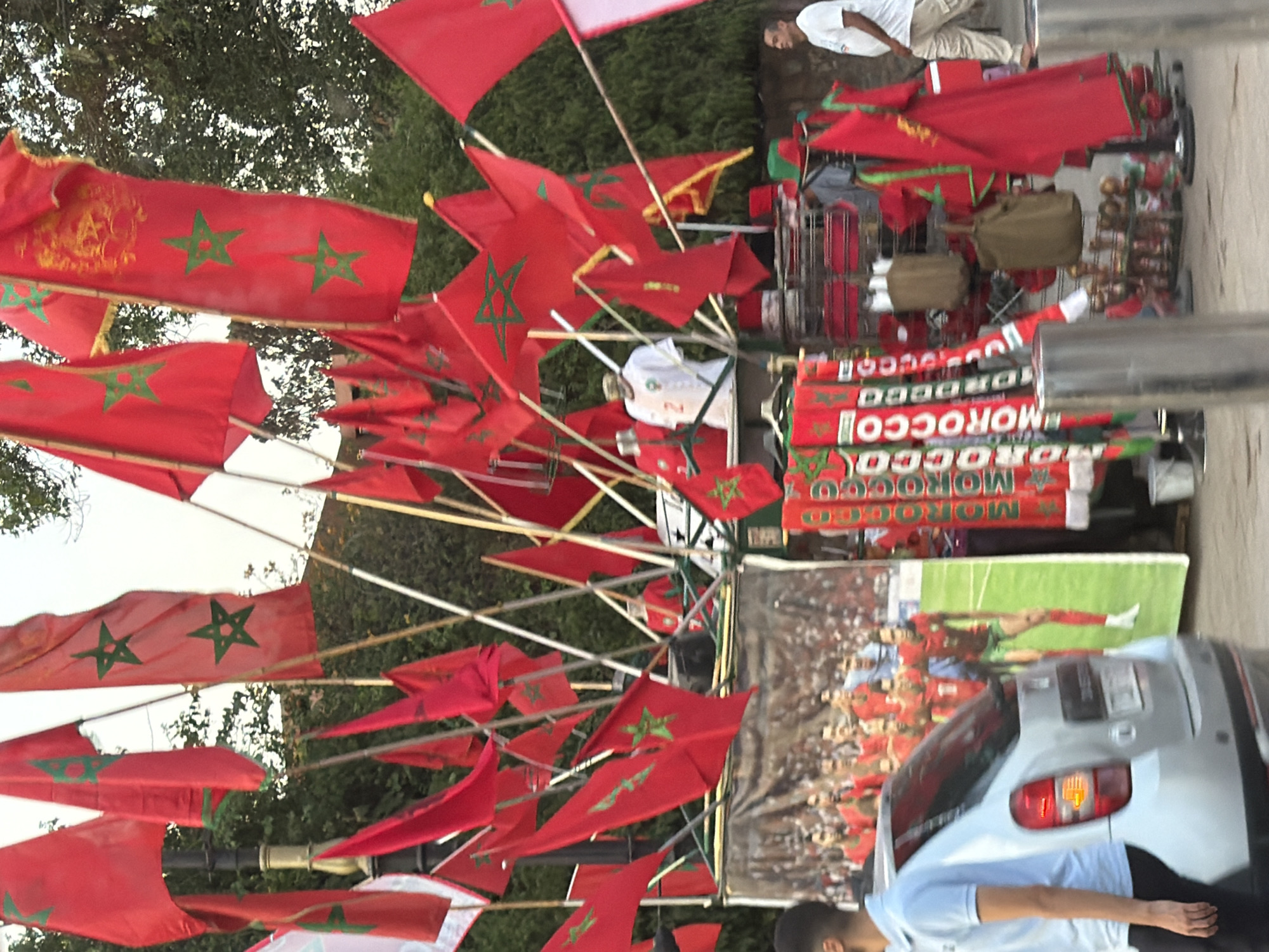 The image depicts a street scene in Marrakesh, Morocco, likely near Jemaa el-Fna square, given the presence of market stalls and the general atmosphere. Numerous red flags with green pentagrams (the flag of Morocco) are prominently displayed, suggesting a patriotic or celebratory event. Some flags are large and draped, while others are smaller and attached to poles.
In the foreground, a silver car is partially visible, with a person wearing a light blue shirt standing to its left. Behind the car, a large poster displays a group of Moroccan football players, possibly the national team.
Market stalls are set up, selling various items. Red and green scarves with the word "MOROCCO" printed on them hang vertically. Other merchandise, including bags and what appear to be small decorative items, are also visible on display. A man in a white t-shirt and light-colored pants is walking on the right side of the frame, and another person in a grey garment is visible behind some of the market stalls.
The background features lush green trees, indicating an outdoor setting. The sky is overcast, suggesting it might be late afternoon or early morning. The overall scene conveys a bustling and lively atmosphere typical of a Moroccan marketplace, with a strong emphasis on national identity through the prominent display of the Moroccan flag and imagery related to its football team.