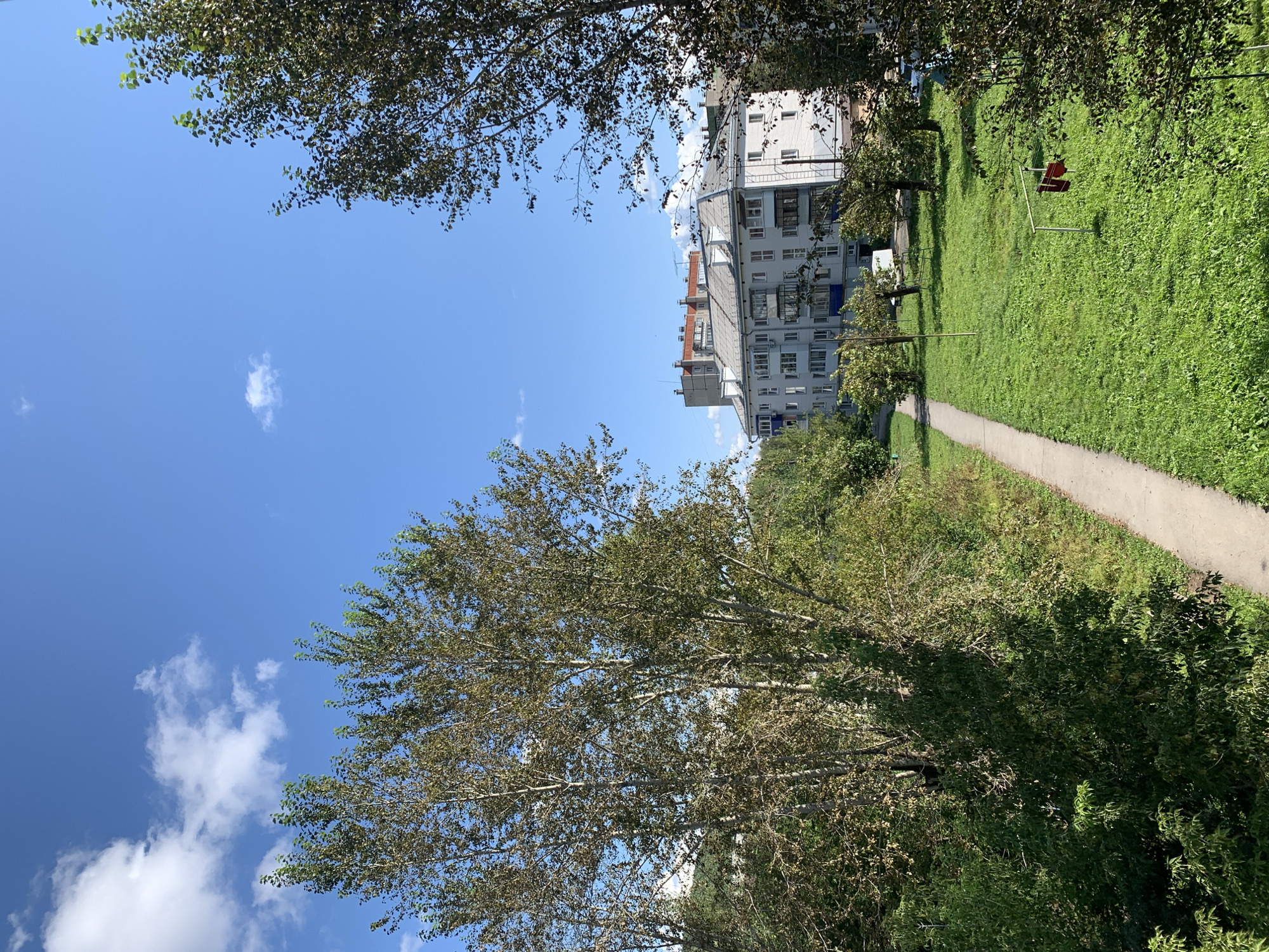 This is a medium-shot, outdoor, eye-level photograph taken in Asha, Russia, on a sunny day with a clear blue sky and scattered white clouds. In the foreground, two large trees with sparse, light-brown leaves frame the left and right sides of the image. A paved pathway runs diagonally from the lower left to the middle of the image, bordered by a strip of bright green grass on its right. Beyond the pathway and grass, a residential apartment building with a light-colored facade, multiple windows, and balconies is visible. The building has a grey, gabled roof with dormer windows. In front of the building, there are several smaller trees and some greenery. In the distance, a taller building with a reddish-orange roof is partially visible. On the grass to the right of the pathway, a clothesline with two red items of clothing is set up. The overall scene depicts a quiet, residential area with urban infrastructure and elements of nature.