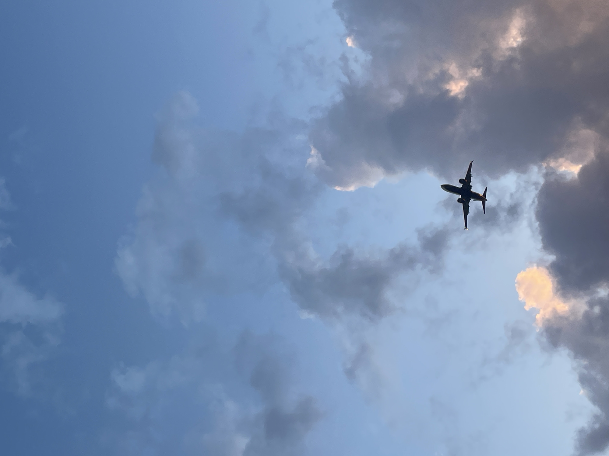 The image displays a commercial airplane, observed from below, silhouetted against a sky primarily composed of blue and various shades of grey clouds, suggesting either dawn or dusk over the city of Sofia, Bulgaria. The sky at the top is a clear azure, gradually becoming lighter towards the lower portions of the frame. Large, scattered cumuliform clouds, predominantly dark grey and slate blue, are present throughout the sky. Notably, clouds in the lower-right and lower-left sections exhibit illumination from indirect sunlight, displaying soft pink, orange, and pale yellow tones. The airplane, a twin-engine jet, is positioned in the lower-middle-right quadrant, appearing to be in ascent or descent. Its fuselage, wings, and tail section are sharply defined against the brighter sky and illuminated cloud portions. No individuals, other aircraft, or ground features are discernible within the frame.