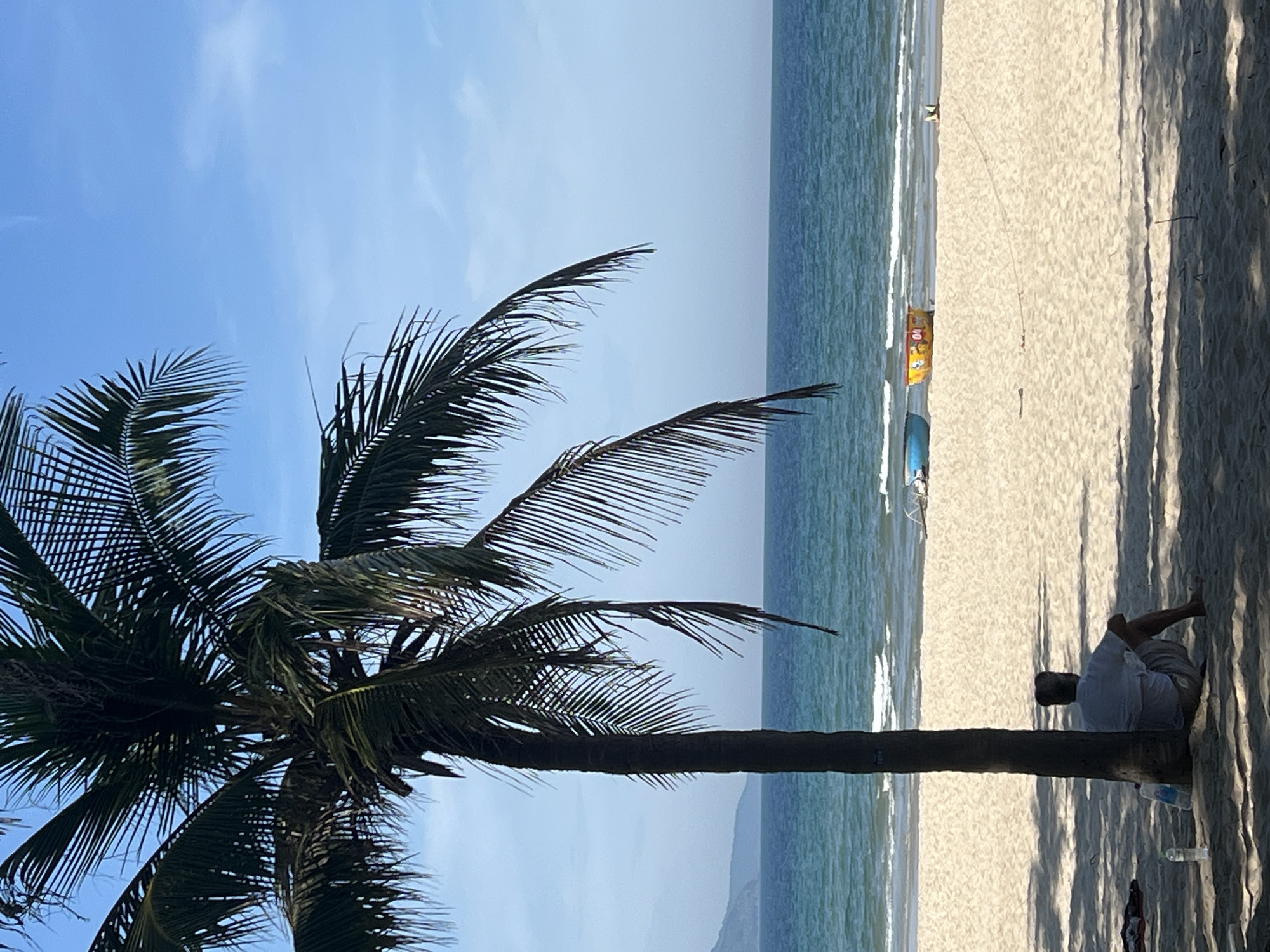 A man sits in the shade of a palm tree on a sandy beach, facing the ocean. The sea is a vibrant blue, with gentle waves lapping at the shore. In the background, two small boats are pulled up onto the sand. The sky is clear and bright blue. The scene is tranquil and appears to be a typical day at the beach in Đà Nẵng, Vietnam.