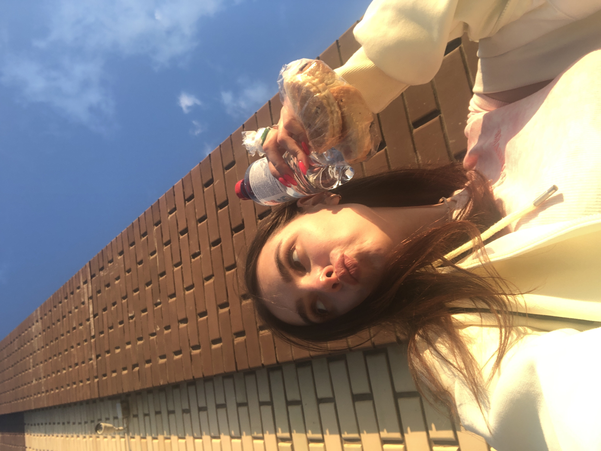 A young woman with long brown hair is holding a bottle of water and a sandwich wrapped in plastic. She is making a funny face, puckering her lips and looking to the side. She is wearing a light-colored hooded sweatshirt. The background consists of a brick wall and a blue sky with some clouds. The lighting suggests it is either sunrise or sunset, casting long shadows on the brick wall. The image appears to be a selfie, taken from a low angle, looking up. The location is specified as Noviy, Russia.