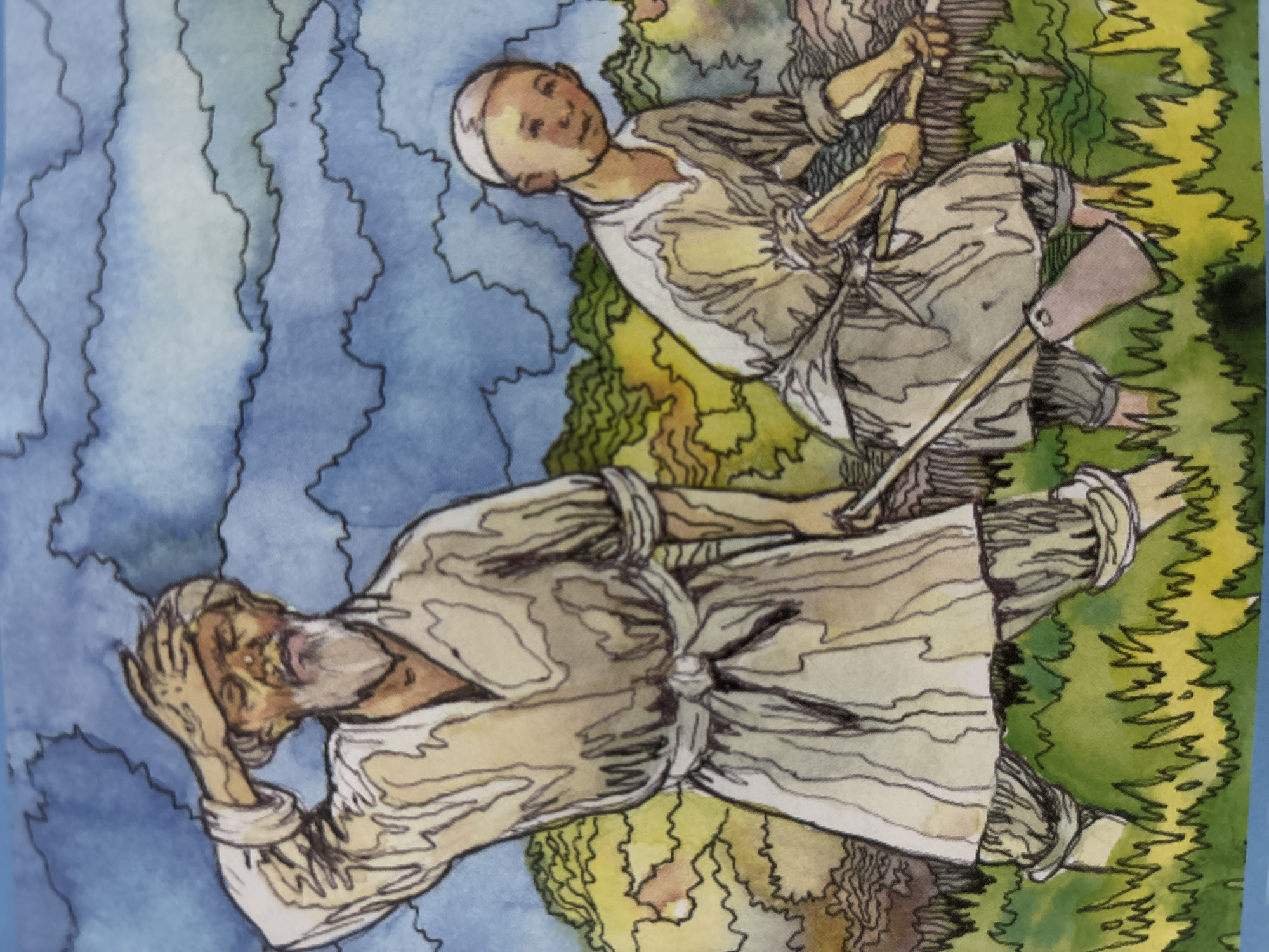 A watercolor illustration depicts two individuals, an elder man and a young boy, engaged in agricultural labor in a grassy field under a cloudy sky. The elder man, on the left, wears traditional clothing and has his hand on his forehead, appearing to shield his eyes from the sun or express exhaustion. He holds a tool, possibly a hoe, in his right hand. The young boy, to the right, is also dressed in similar attire and is bent over, seemingly working with a tool in the field. The background features green and yellow undulating terrain suggestive of farmland, with a turbulent blue sky above. The style is illustrative, with bold black outlines and watercolor washes. The setting does not provide specific visual cues to place it in the city of Жамбыл, Kazakhstan.