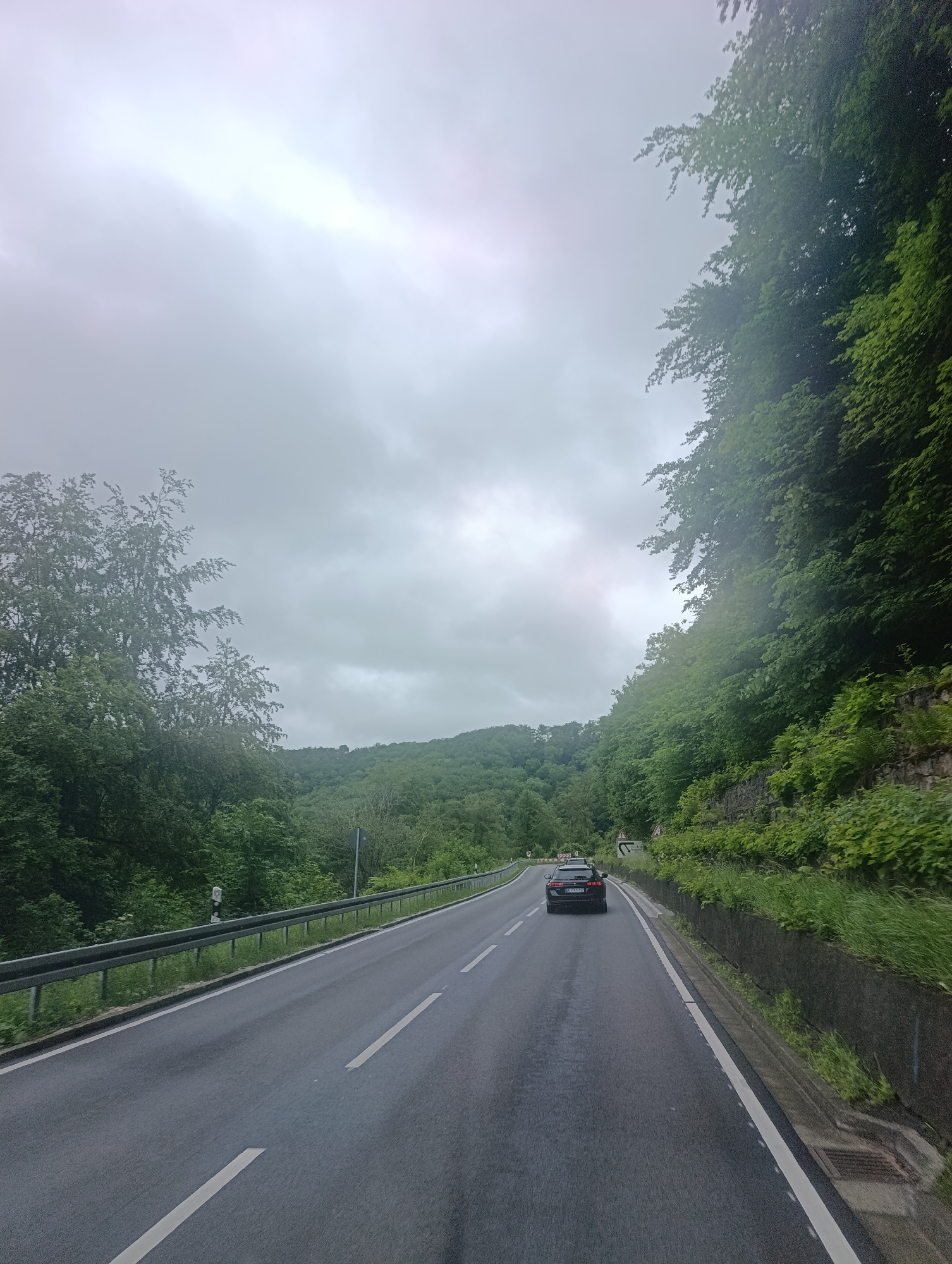 The image depicts a view from a vehicle traveling on a two-lane asphalt road through a heavily wooded, hilly area. The road is wet, suggesting recent rain. A dark-colored sedan is visible ahead in the right lane. On the left side of the road, a metal guardrail separates the road from a steep, tree-covered embankment. On the right side, a stone retaining wall supports a densely vegetated slope with lush green trees and foliage. The sky is overcast with gray clouds. The surrounding landscape is characterized by rolling hills covered in dense green forest. The scene appears to be a rural or semi-rural setting, likely on a highway or scenic route. The location is identified as Unterhausen, Germany.