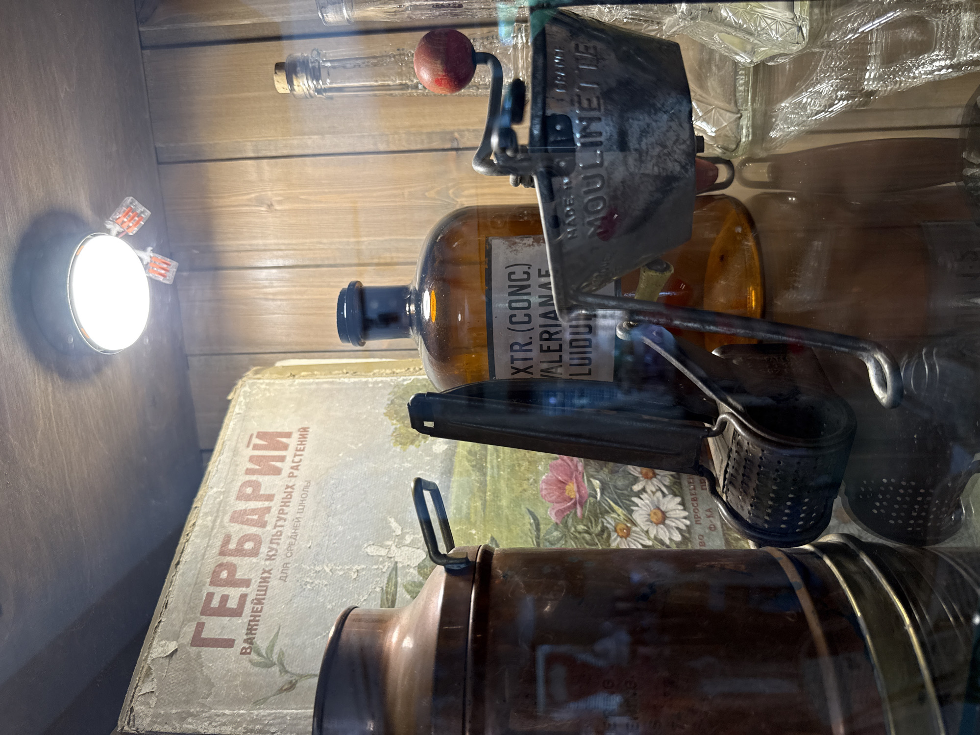 The image depicts a close-up view of items displayed on a shelf in what appears to be a museum or an antique shop. The backdrop consists of wooden paneling. In the foreground, a collection of objects is visible. To the left, a large, tarnished copper container with a handle is partially seen. Adjacent to it, a vintage manual food grinder, likely a Mouli or similar brand, with a red wooden knob is positioned. Behind these items, an amber-colored glass bottle with a dark cap is prominently featured. This bottle has a label that reads "EXTR. (CONC.) VALERIANAE FLUIDUM" and also has some text in Russian which includes "ВАЖНЕЙШИХ КУЛЬТУРНЫХ РАСТЕНИЙ" and "ДЛЯ СРЕДНЕЙ ШКОЛЫ" on a faded book or poster in the background, suggesting a connection to botanical studies or educational materials. The book or poster itself shows a painted landscape with flowers, including daisies and a pink rose. To the right of the amber bottle, several clear glass bottles of various sizes are stacked. A small circular light fixture is mounted on the ceiling, with two red wire connectors attached to it. There are no people visible in the frame. The overall impression is of a curated display of historical and scientific artifacts. The provided location of Semogorskiy, Russia, is not discernible from the visual information presented in the image.