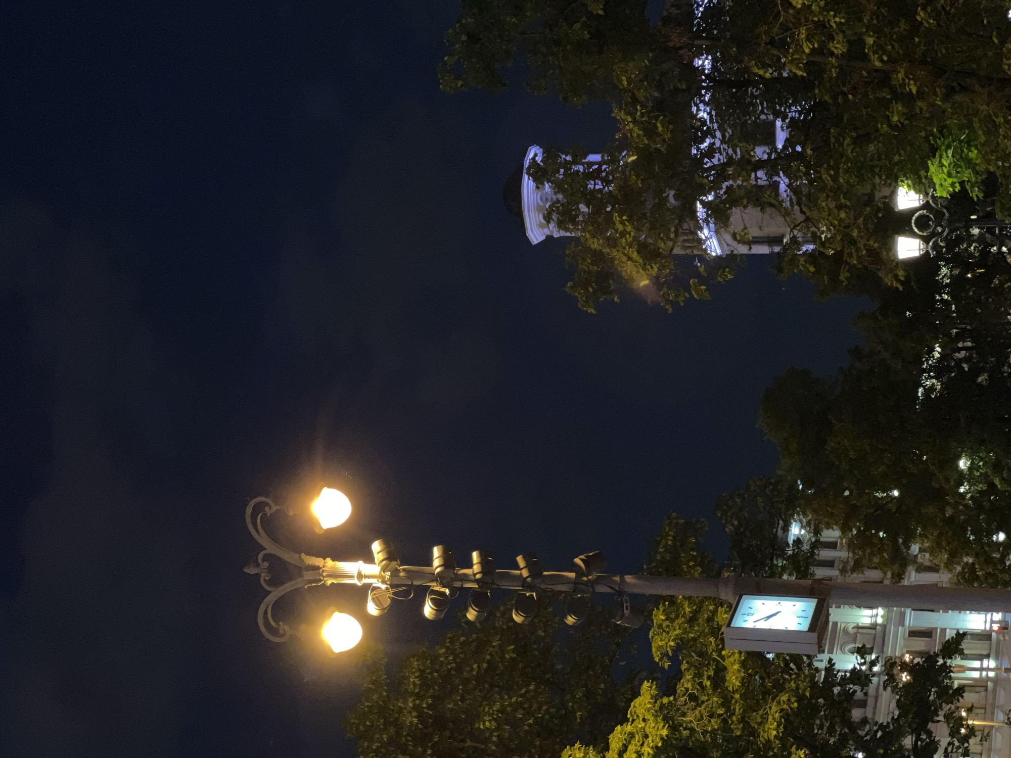The image captures a night scene in Moscow, Russia, featuring a lamppost with two lit bulbs on ornate arms and a digital clock facing the viewer. The clock is mounted on a horizontal pole along with several cylindrical objects, possibly security cameras or lighting fixtures. Behind the lamppost and the pole are trees with green foliage, partially obscuring a building with lit windows in the background. In the upper left corner is a dark, cloudy night sky. Partially visible in the upper center background is the spire of Moscow State University. The scene appears to be in an urban environment, likely a park or public space with foliage and lit infrastructure.
