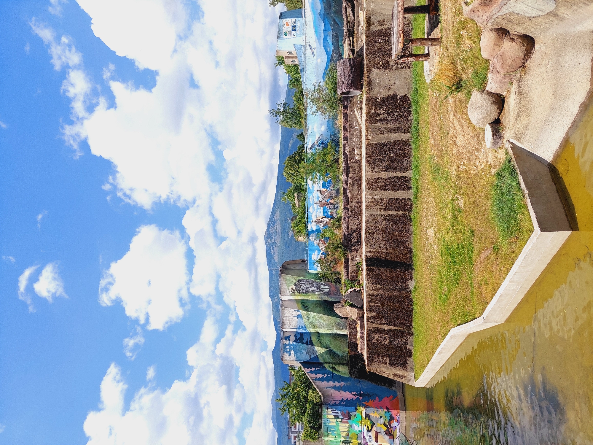 The image shows an outdoor enclosure at the Sofia Zoo in Sofia, Bulgaria. The enclosure features a large concrete structure adorned with colorful murals depicting nature scenes, including trees, mountains, and animals such as eagles and deer. A body of murky water runs along the left side of the enclosure, bordered by a concrete edge and a grassy area. In the background, a mountain range is visible under a blue sky with scattered white clouds. There are also several large rocks and a wooden log within the enclosure, as well as a rustic wooden table with benches in the lower right portion of the image. The overall scene suggests an animal habitat designed to mimic a natural environment, with artistic elements enhancing the visual appeal.