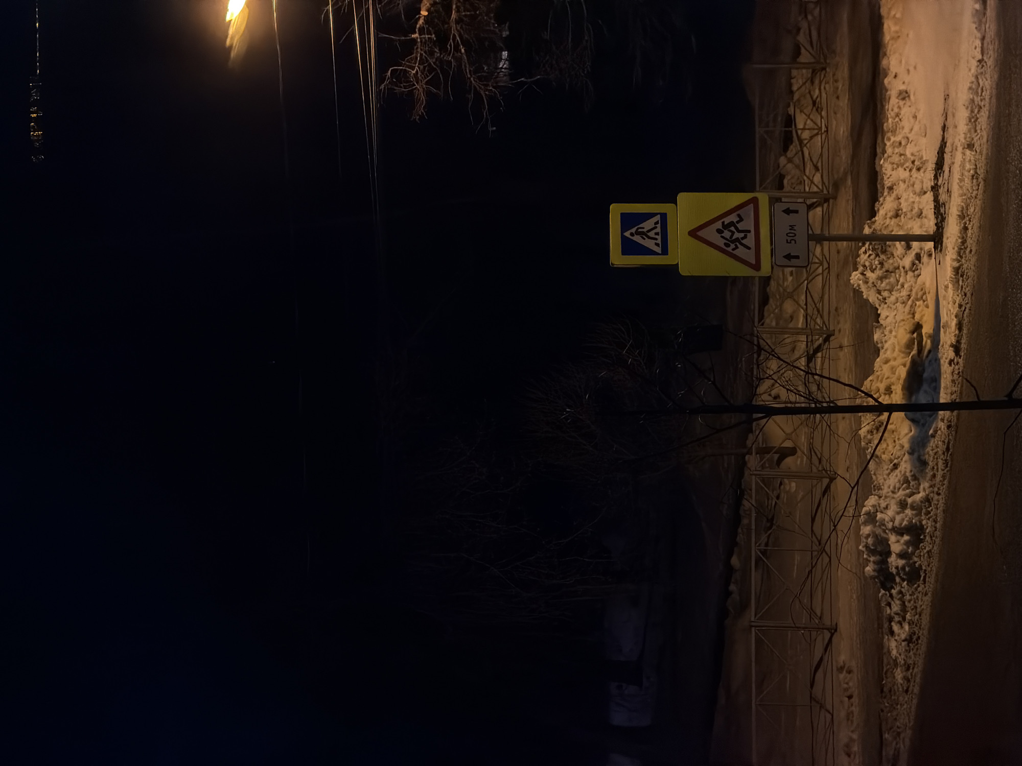 At night in Perm, Russia, a pedestrian crossing and school zone are marked by yellow road signs, accompanied by a sign indicating "50m". Accumulated snow covers a low metal fence near the road's edge, beneath the dim glow of a street lamp. Bare tree branches spread in the foreground and background.