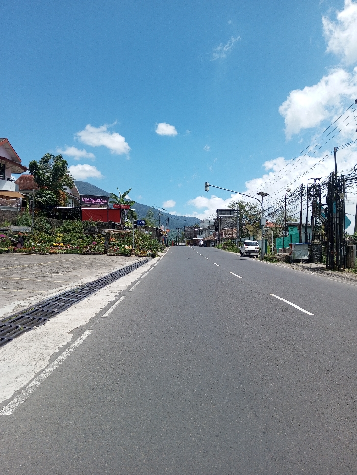 The image depicts a daytime outdoor scene of an asphalt road in the city of Bagochen Boolingpang Ueling, Bhutan. The sky is clear blue with scattered white cumulus clouds, illuminating the environment brightly. The road, which appears to be two lanes wide, features a dashed white center line and a solid white line marking its right edge. It extends into the distance, seemingly ascending towards a mountainous backdrop.
On the left side of the road, a concrete shoulder with dark metal drainage grates abuts an elevated embankment. This embankment is extensively planted with various flowering plants and green foliage. Behind the vegetation, multiple-story buildings are visible; these structures feature red-tiled roofs and facades predominantly in white or cream, with one building having a distinct red lower section and a dark sign displaying white text, possibly "MOONLIGHT."
The right side of the road begins with a dirt shoulder, transitioning into an area dense with utility poles supporting numerous tangled overhead electrical and communication wires. Further along this side, a streetlight equipped with a solar panel is present, along with additional buildings partially obscured by the utility infrastructure. In the mid-distance on the right side of the road, a white van is visible, either parked or moving slowly. A green traffic light is suspended over the road in the far distance, indicating an open intersection or passage. No people are discernible within the scene. The environment suggests a populated area integrated into a hilly or mountainous landscape.