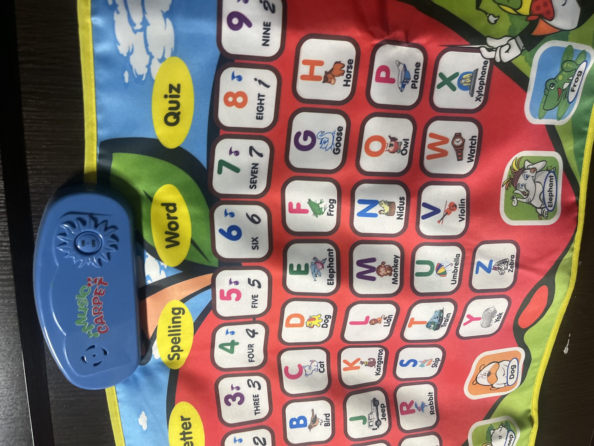 The image shows a close-up of a children's interactive music and learning carpet. The carpet features a bright red background with various letters of the alphabet and numbers displayed in colorful, bordered squares. Each letter is paired with an image of an object or animal that starts with that letter, along with the corresponding word. For example, 'A' is shown with a bird, 'C' with a cat, and 'D' with a dog. Above the alphabet grid are yellow oval buttons labeled "Letter," "Spelling," "Word," and "Quiz." A blue plastic device with buttons and a speaker is attached to the top of the carpet, labeled "Music CARPET." The carpet appears to be laid out on a dark surface, possibly a floor. The image does not provide any information or context related to the city of Tarnivtsi, Ukraine.