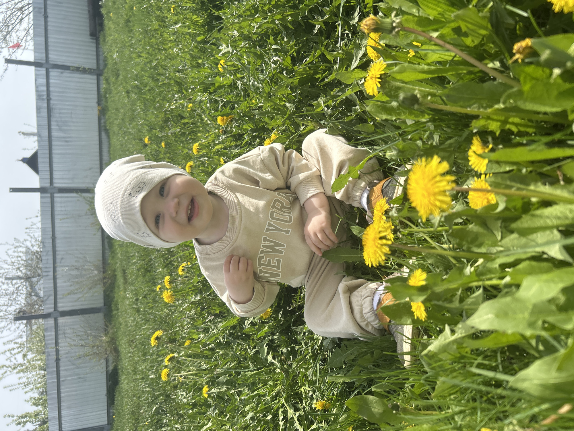 A young child sits in a field of dandelions in Chaikovsky, Russia. The child, wearing a light beige outfit and a matching beanie, is smiling and gesturing with their right hand. The field is full of green grass and yellow dandelions, and a metal fence is visible in the background.