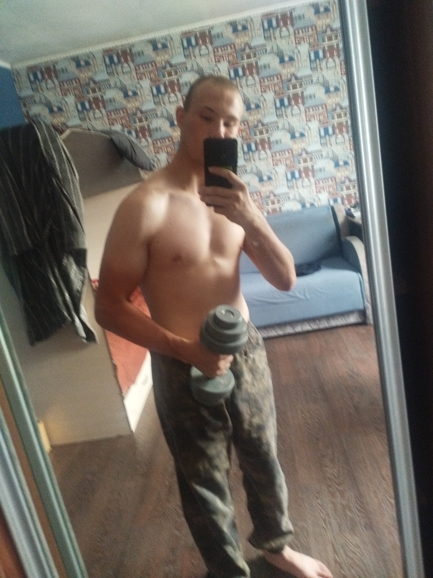 A young man is taking a selfie in a mirror. He is shirtless, wearing camouflage pants, and holding a dumbbell. The room has patterned wallpaper and a blue sofa. The reflection shows the man is standing on a wooden floor.
