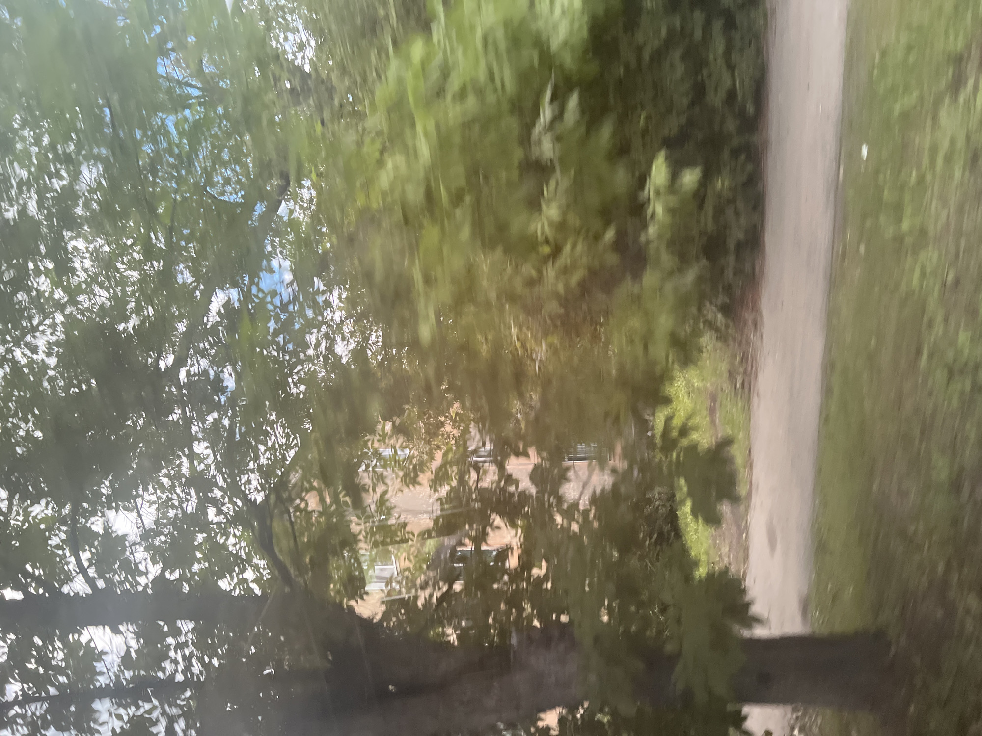 The image shows a blurred view from a moving vehicle, looking out at a building and trees. The building is a multi-story structure with visible windows, and it appears to be an apartment building. The trees are lush and green, suggesting it is summer or late spring. The ground in front of the building is a dirt path or road, with grass on the sides. The overall scene is a typical urban or suburban street in Russia, possibly in the city of Ulyanovsk, given the context. There are no people or specific actions visible, and the focus is on the natural and built environment. The blurriness of the image indicates motion, consistent with being taken from a vehicle.