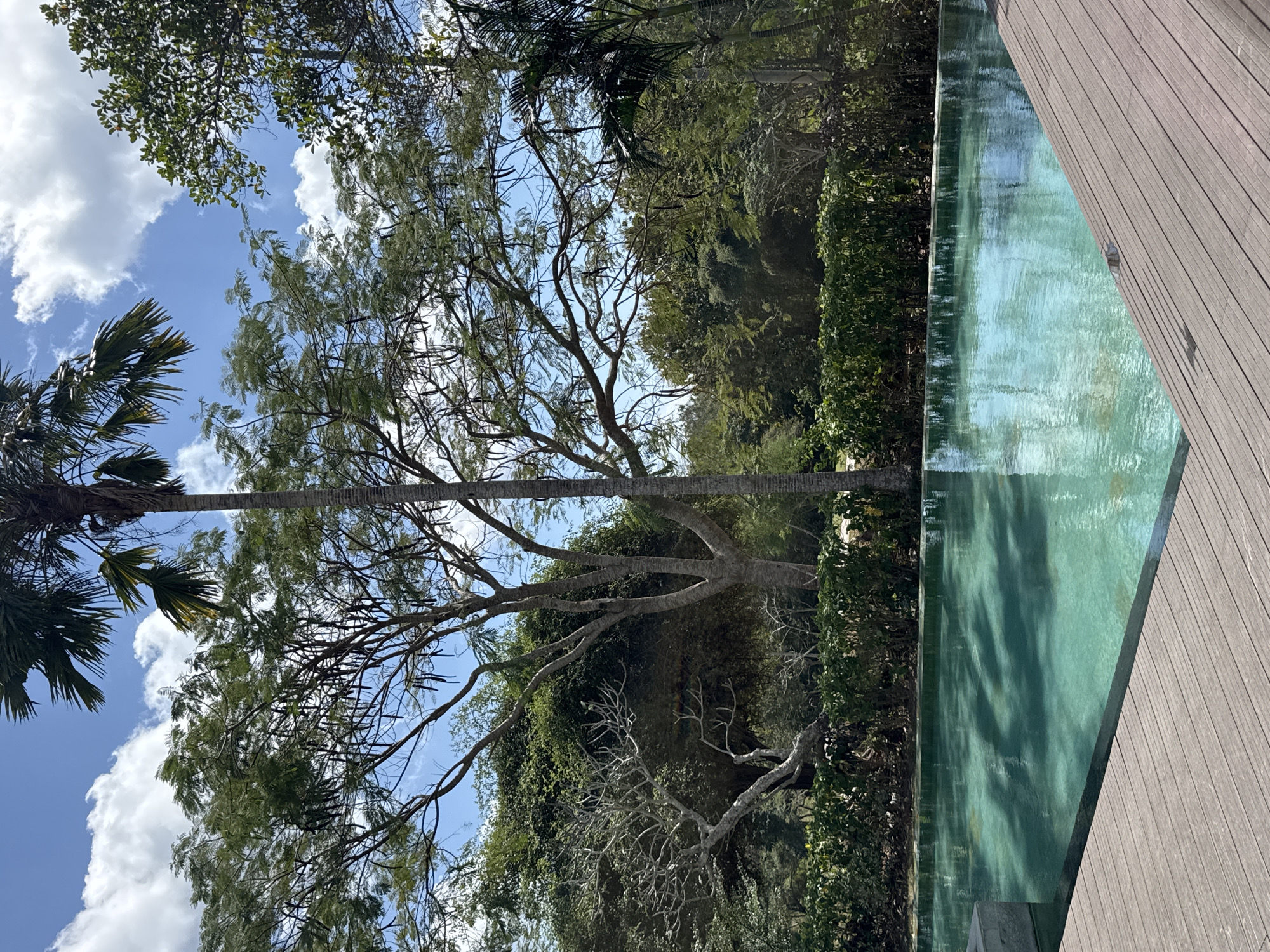 This is a photograph taken from a high angle, looking out over a swimming pool. The pool has turquoise water and is surrounded by a wooden deck. In the background, there are lush green trees and a bright blue sky with white clouds. The overall scene suggests a tropical vacation destination, likely a resort or a private villa. The image does not depict any people or actions, focusing instead on the serene environment. The location is identified as Kuta Selatan, Indonesia.