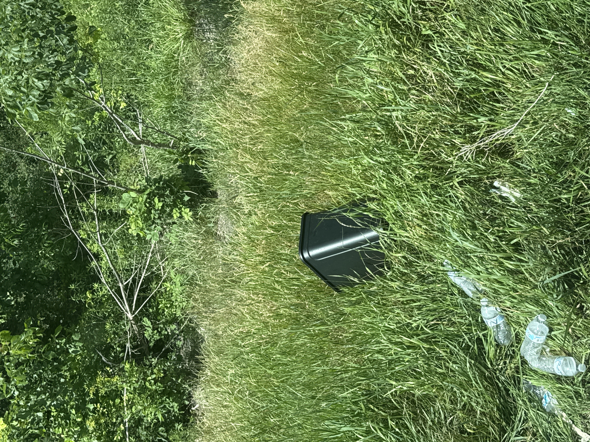 In a grassy area in Bath Township, United States of America, a black trash can is tipped over on its side amidst tall green grass. Several clear plastic water bottles are scattered on the ground around the trash can, some of them appearing crushed. In the background, lush green foliage and branches of trees create a natural backdrop. The scene suggests an outdoor, possibly rural or semi-rural, environment with evidence of litter.