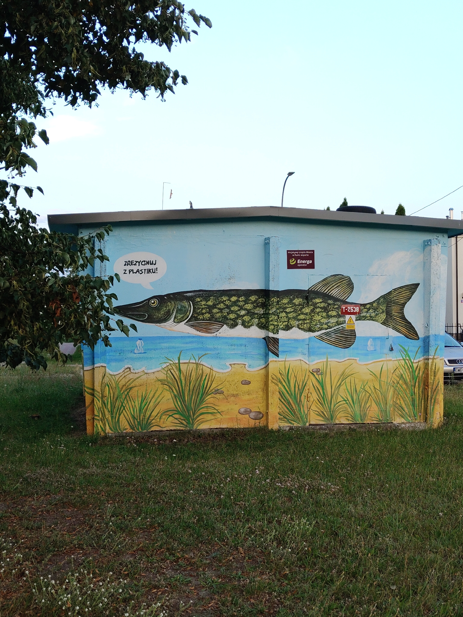 The image shows a mural painted on the side of a utility building in Rumia, Poland. The mural depicts a large pike fish swimming in a body of water with a sandy shore and reeds. Above the fish, there is a speech bubble with the text "Zrezygnuj z plastiku!", which translates to "Give up plastic!". A small white plastic bottle is visible floating in the water. On the building, there are two signs: one with the logo of "Energa operator" and another with a red triangle warning symbol. The building is surrounded by green grass and some trees. In the background, a silver car is parked, and a street lamp is visible. The overall scene suggests an environmental message about plastic pollution, delivered through public art.