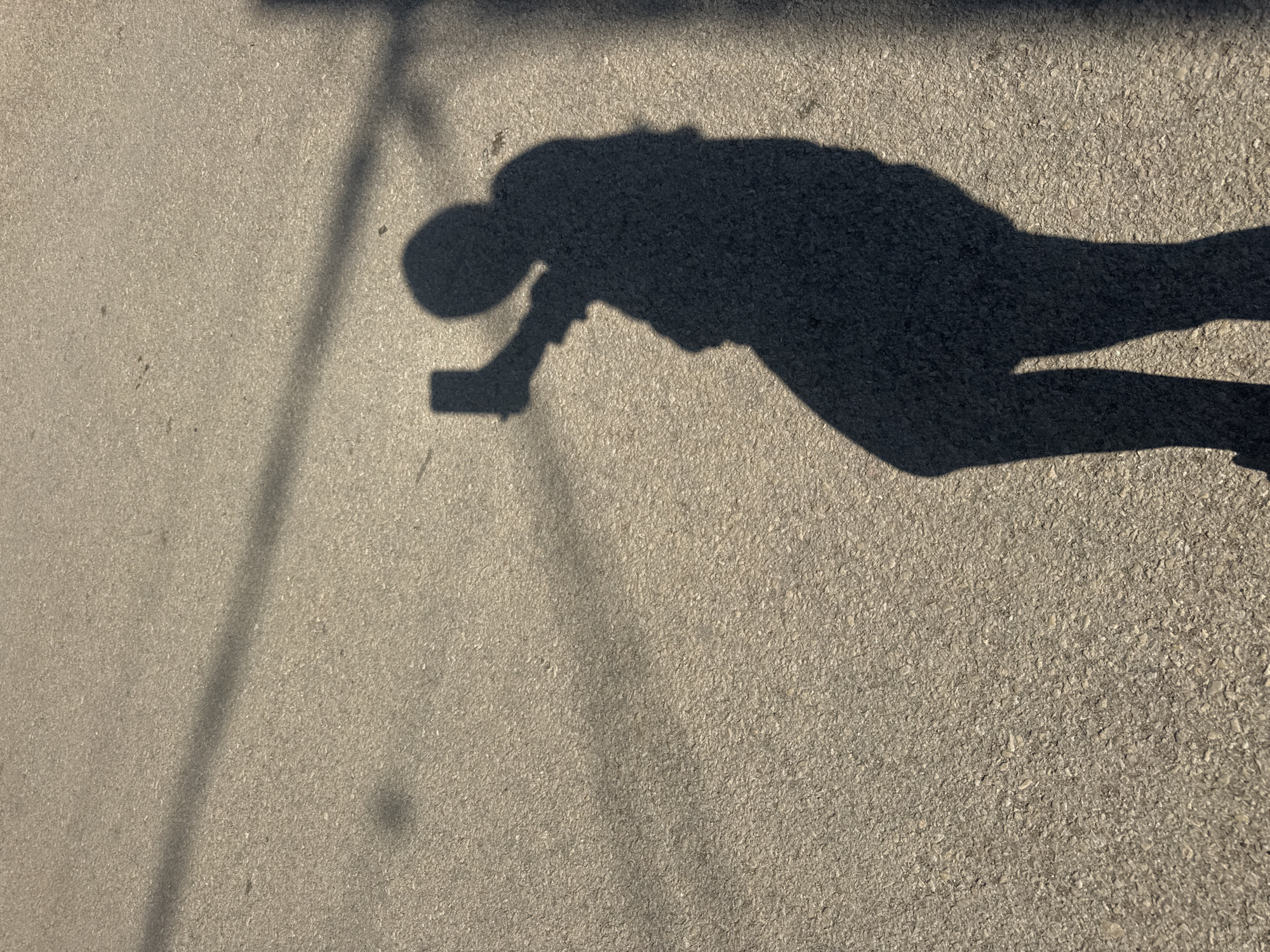 A shadow of a person is cast on an asphalt surface, likely a street or road, in the city of Lehchevo, Bulgaria. The person appears to be bent over and holding a mobile phone. Additional shadows from an object, potentially a pole or wire, are visible in the upper left quadrant.