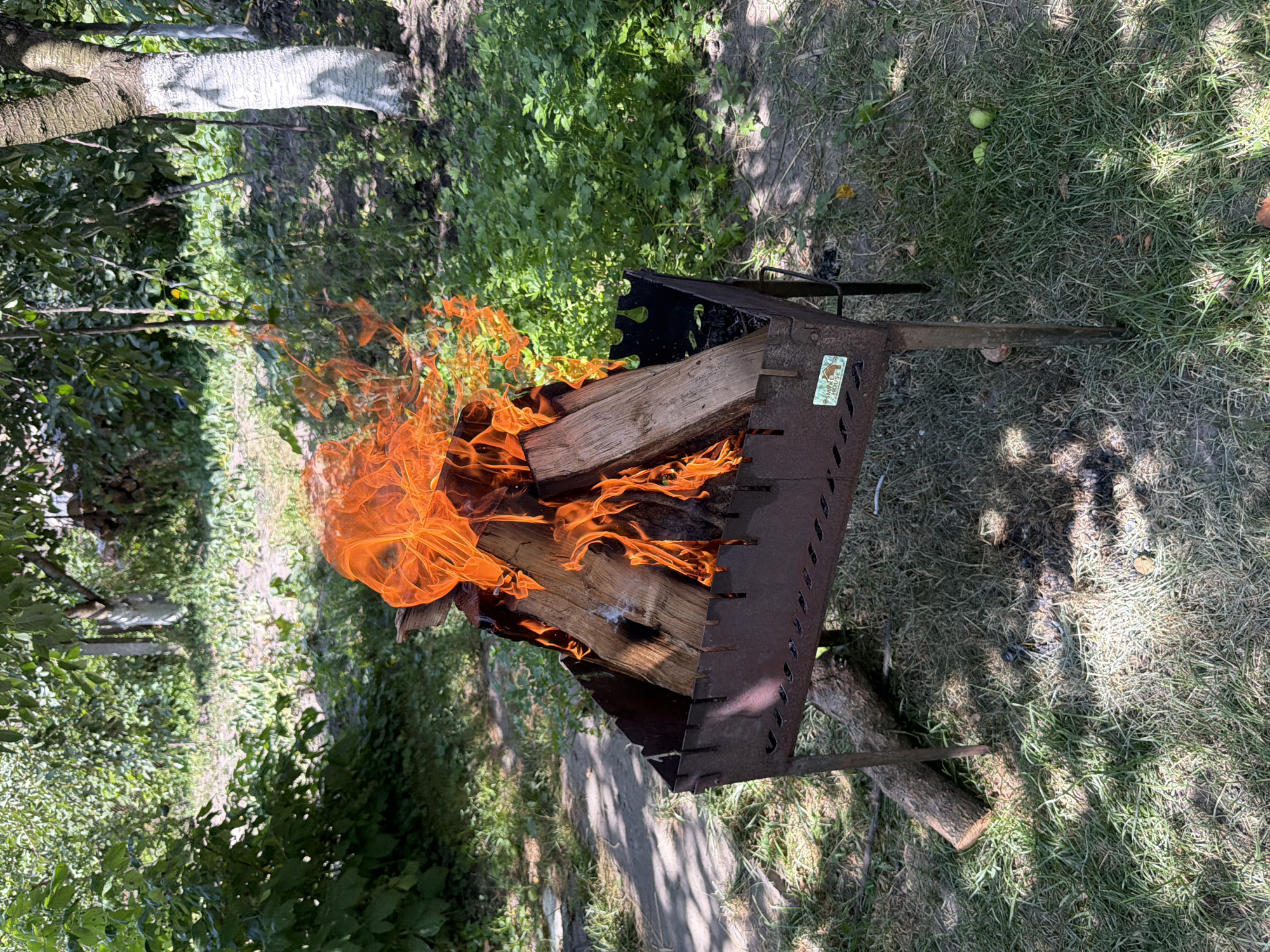 The image shows a barbecue grill in a garden with a fire burning in it. The grill is made of dark metal and is placed on a grassy area. There are several logs of wood burning in the grill, with flames rising high. In the background, there are trees and lush green foliage. A pathway made of paving stones is visible to the left of the grill. A fallen tree branch lies on the grass near the grill. The overall scene suggests an outdoor gathering or a preparation for a barbecue in a garden setting. The location is identified as the city of Polonne, Ukraine.