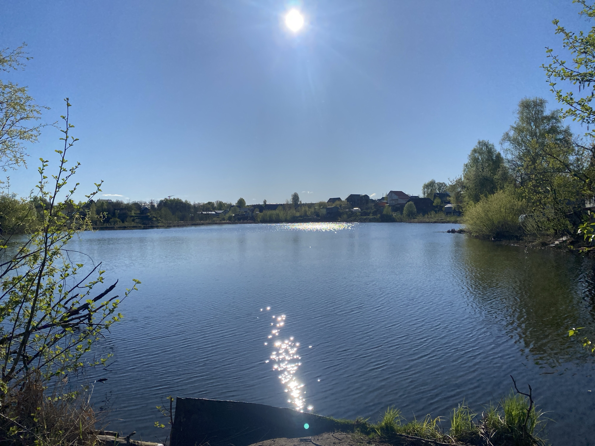 The image shows a lake or pond on a clear, sunny day in Chaikovsky, Russia. The water is calm with slight ripples, reflecting sunlight. The shoreline is visible in the foreground with patches of grass and some vegetation. Across the lake, there are houses and trees, suggesting a residential area. The sky is blue with the sun high in the frame.