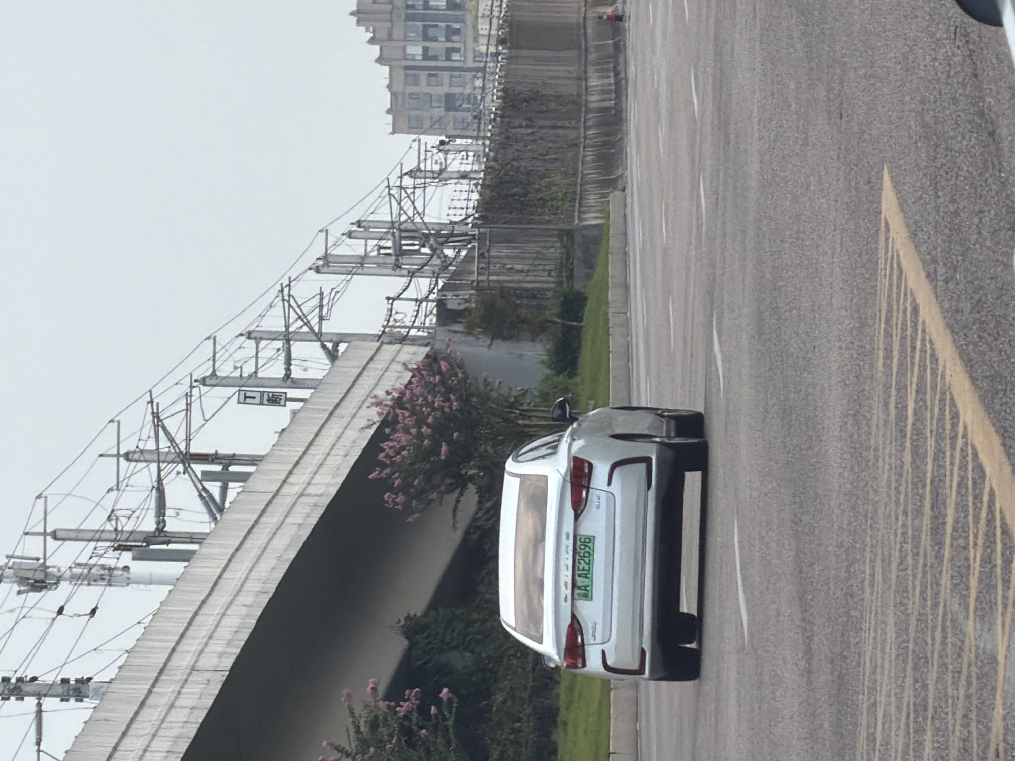 A white sedan with license plate "A AE2696" is driving on a road under an elevated railway line in Jiangjin, China. The car is viewed from the rear and is in the right lane. The road is paved and has yellow lane markings. To the left of the car, there are trees with pink flowers and green foliage. The elevated railway line is supported by concrete pillars and has complex overhead electrical wires. In the background, there is a grey concrete wall with vegetation growing on it, and beyond that, a building with multiple floors and windows. The sky is overcast.