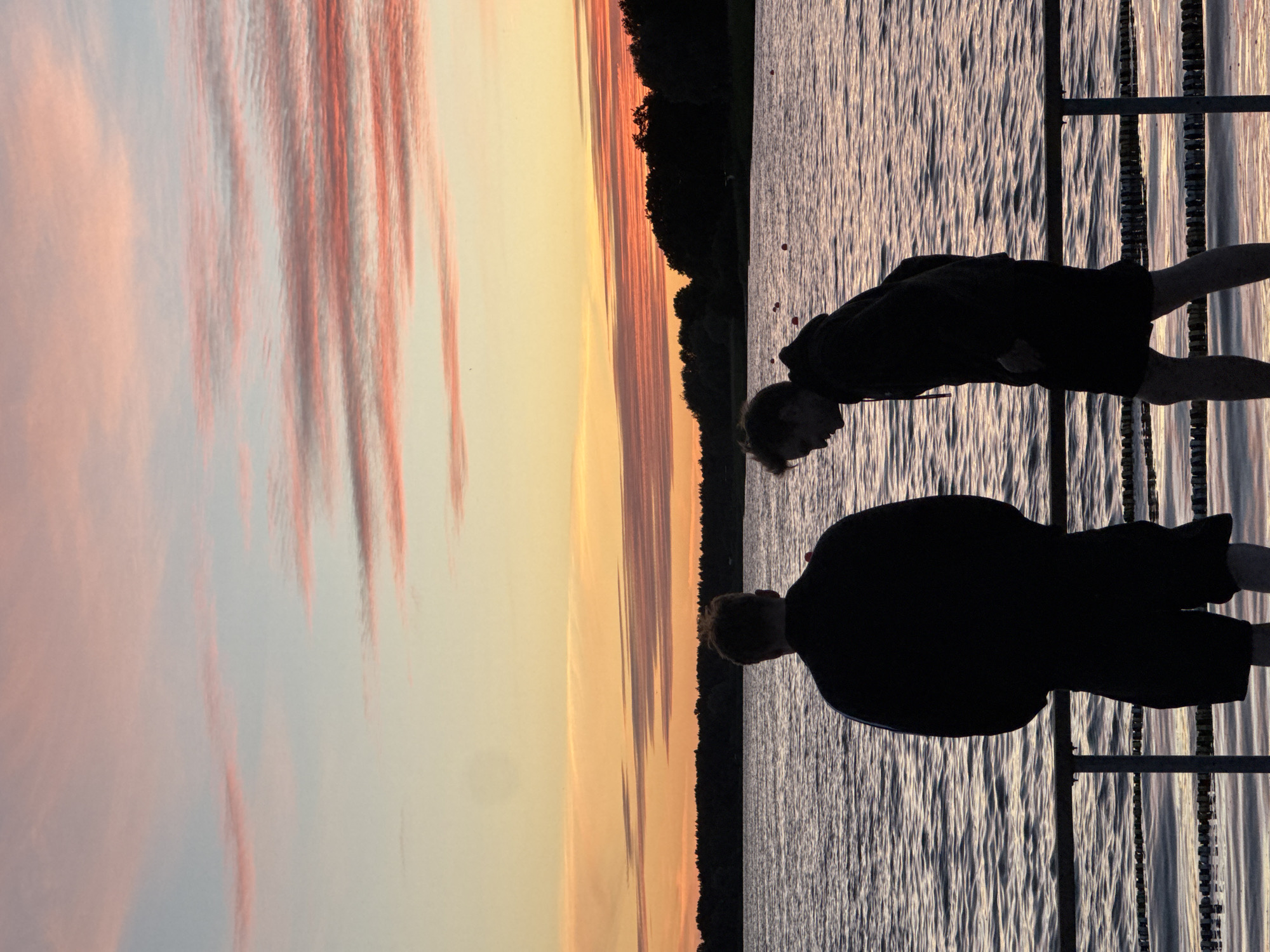 Two young men are standing on a pier by a body of water, silhouetted against a vibrant sunset. The sky is filled with streaks of pink and orange clouds. The water is rippled, reflecting the colors of the sky. The men are facing away from the camera, looking out at the water. The man on the left is standing upright, while the man on the right is bending forward, with his hands in his pockets. The pier has a metal railing. The background features a dark line of trees and the faint outline of buoys on the water.