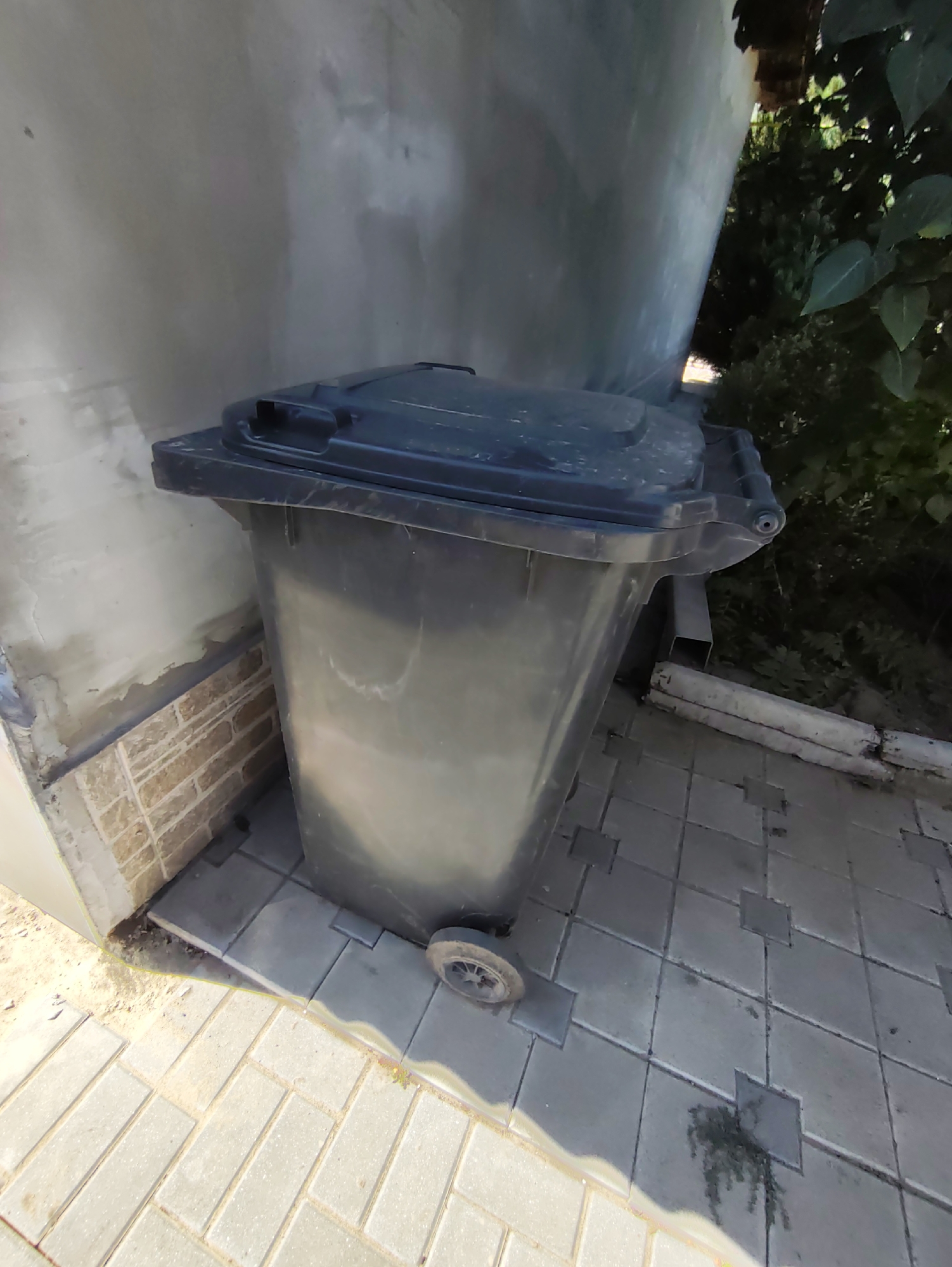 A large, dark grey plastic garbage bin with a black lid stands next to a textured light grey wall. The bin has two wheels at the bottom, one of which is visible. The ground is paved with grey interlocking stones. To the left of the bin, the wall has a lower section with a brick-like pattern, and beyond that, a lighter-colored paved area. To the right of the bin, there is dense green foliage. The scene appears to be outdoors, possibly in a residential area or alleyway in Cahul, Moldova.