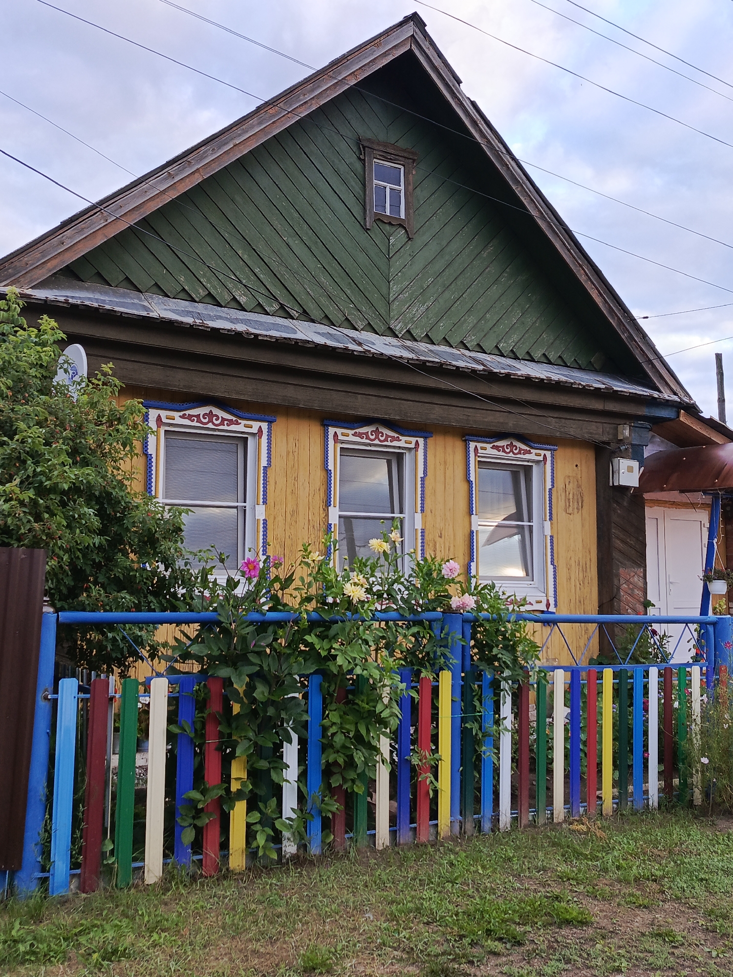 This is a medium shot, eye-level, outdoor photograph of the front of a wooden house with a colorful fence. The house is painted yellow with green trim on the roof and around the windows. The windows have white frames and reflective glass, and are adorned with intricate blue and red wooden carvings. A small, square window is visible in the upper part of the green gable. The roof is made of wooden shingles. A dark brown metal fence is partially visible on the left side of the image. In front of the house, there is a vibrant, multi-colored fence with vertical wooden slats painted in red, blue, yellow, green, and white. Lush green foliage and blooming pink and yellow flowers grow in front of the fence, partially obscuring it. The ground in front of the fence is covered with green grass and a dirt path. The sky above is cloudy and overcast, with visible power lines crisscrossing the frame. The scene appears to be in a residential area, possibly a village or dacha settlement. This type of architecture and painted wooden fence is common in rural Russia, including in cities like Chaikovsky, Russia.