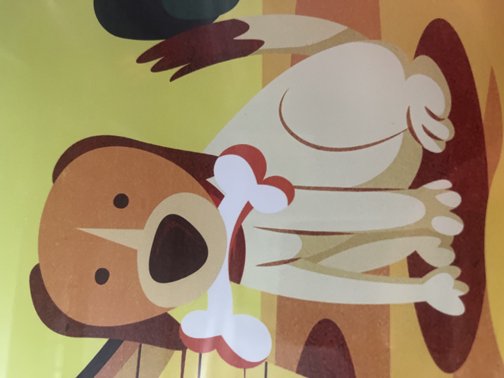 This is a flat illustration of a cartoon dog. The dog is light-colored with brown ears, a brown patch around its eyes, and a white muzzle. It has a large, dark mouth and two small, black eyes. The dog is sitting and holding a white bone with red accents in its mouth. The background is a gradient of yellow and orange. The image is a close-up and shows the entire dog. The location of this image in Jiulongpo District, China is unknown.