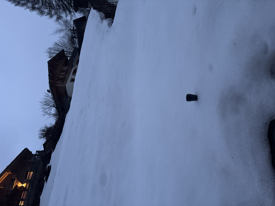 The image depicts a snow-covered alpine environment in La Clusaz, France, during twilight or early morning. A vast expanse of undisturbed snow occupies the lower two-thirds of the frame, sloping gently upwards towards the background. In the lower-center foreground, a small, dark, cylindrical object, resembling a shot glass or miniature cup, stands upright, partially embedded in the snow.
In the midground and background, multiple traditional wooden chalets are visible on the ascending snowy slope. The chalet on the upper left features illuminated interior windows, suggesting occupancy and generating warm light that contrasts with the cool ambient light. This chalet has prominent wooden balconies and a dark-pitched roof. Another chalet, further to the right and slightly higher, also exhibits dark wooden construction with lighter lower walls and a sloped roof.
Sparse, bare deciduous trees and some evergreen conifers are interspersed among the chalets and along the slope, indicating a winter setting. A partial wooden fence is discernible on the right side of the frame, adjacent to the snow line. The sky above is a uniform, muted blue-grey, characteristic of low light conditions, with no direct sunlight visible. There are no individuals present in the scene, and no overt actions or interactions are depicted.